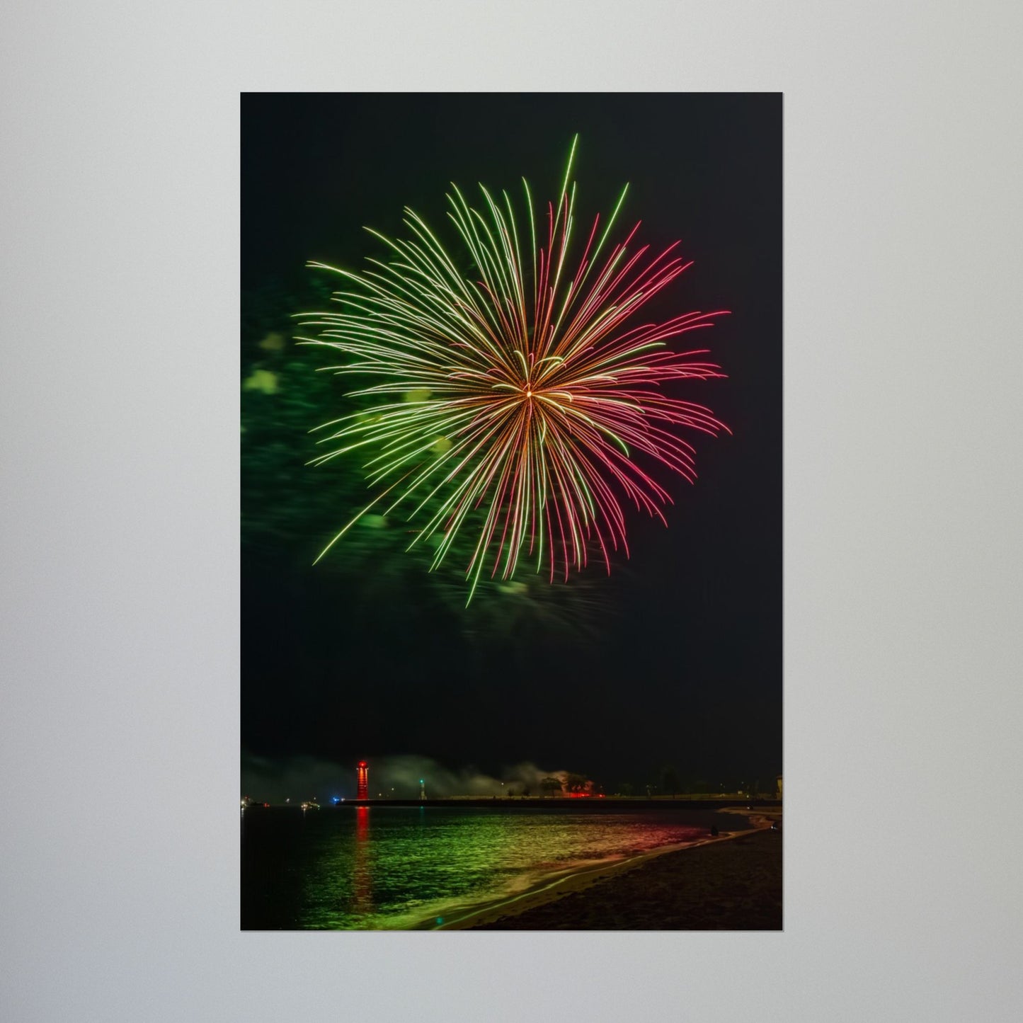 Green & Pink 4th of July Fireworks over Kenosha Pier Light Rolled Poster