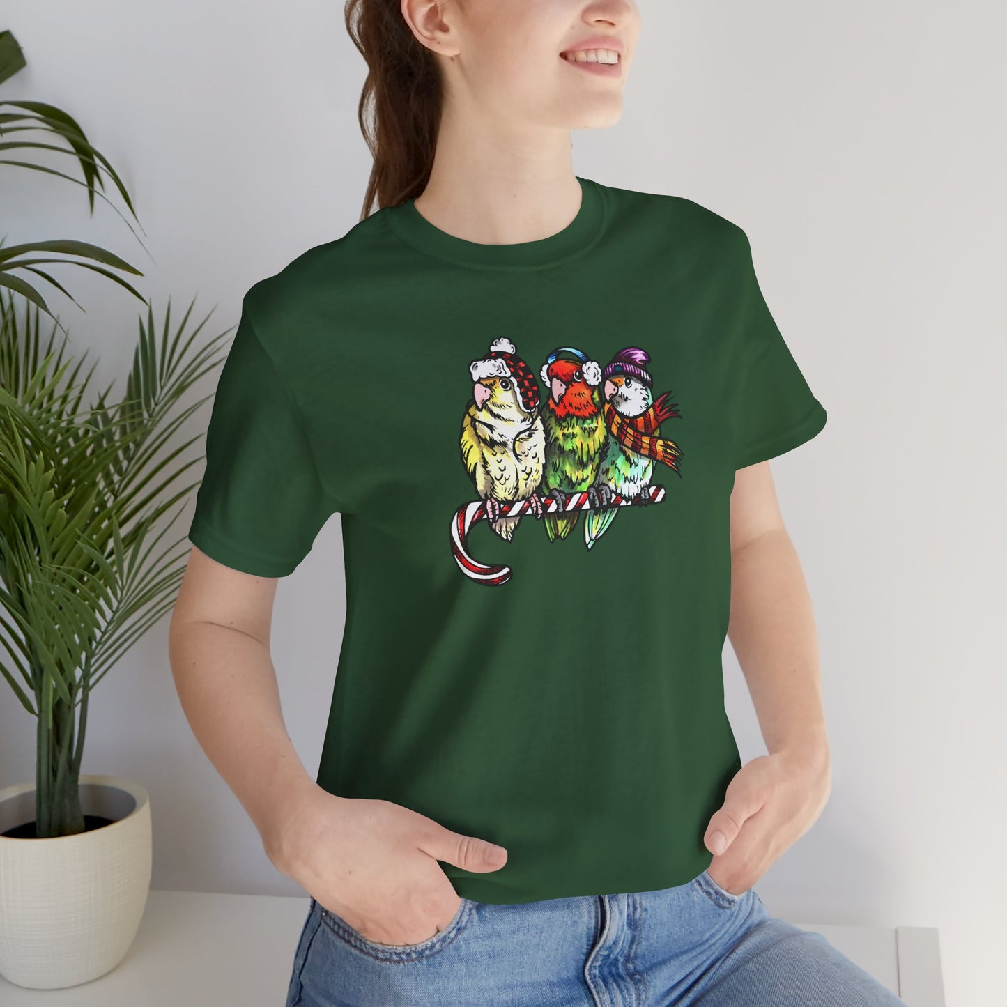 3 Lovebirds in Winter Wear & Perched on a Candy Cane, Tee