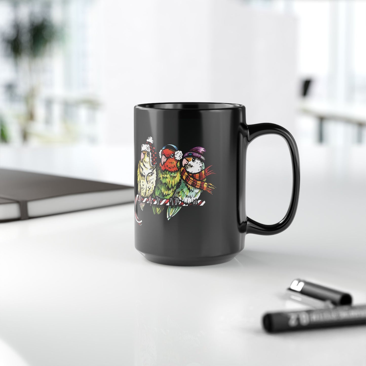 3 Lovebirds With Winter Wear & Perched on a Candy Cane, 11oz or 15oz Mug