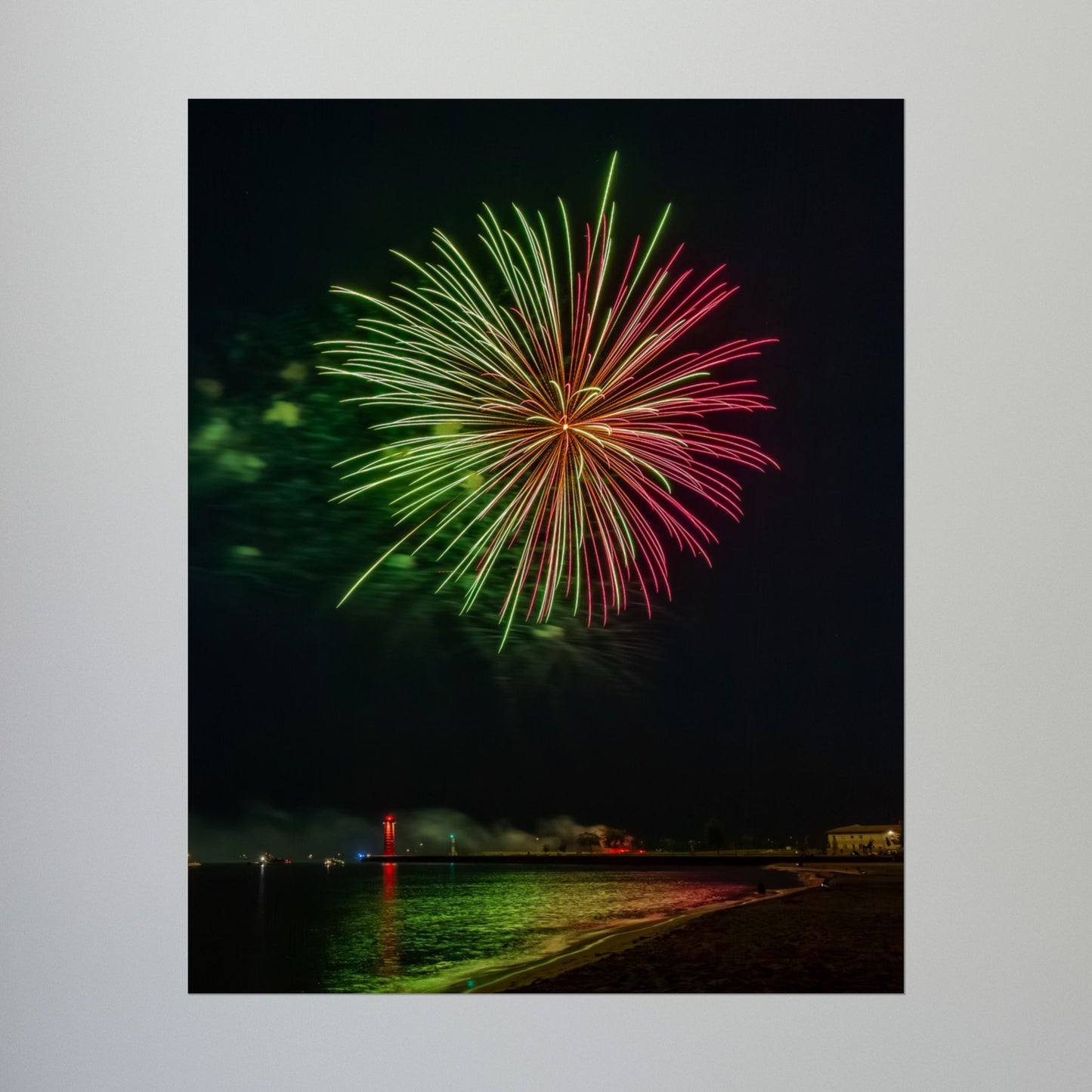 Green & Pink 4th of July Fireworks over Kenosha Pier Light Rolled Poster