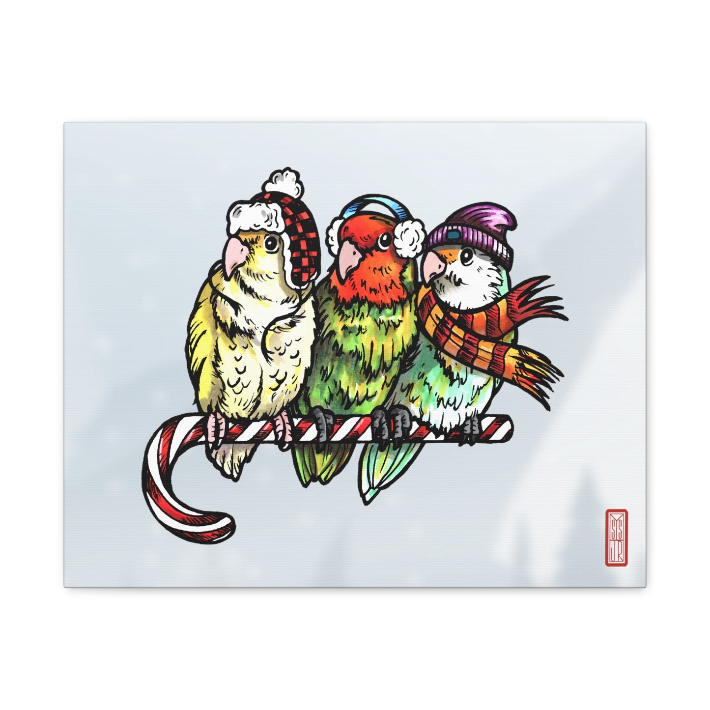 3 Lovebirds with Winter Wear & Perched on a Candy Cane, Canvas Wrap Wall Art