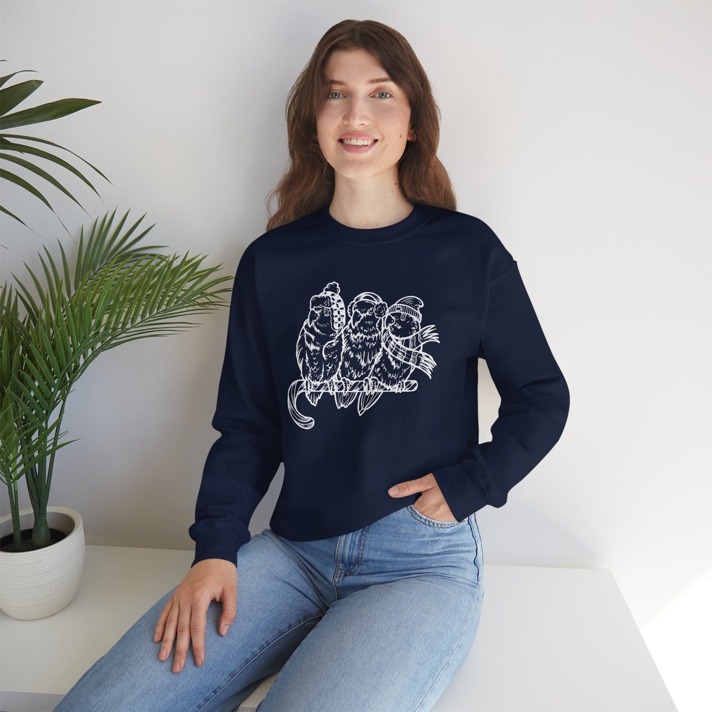 3 Lovebirds with Winter Wear & Perched on a Candy Cane, Line Art Crew Neck Sweatshirt