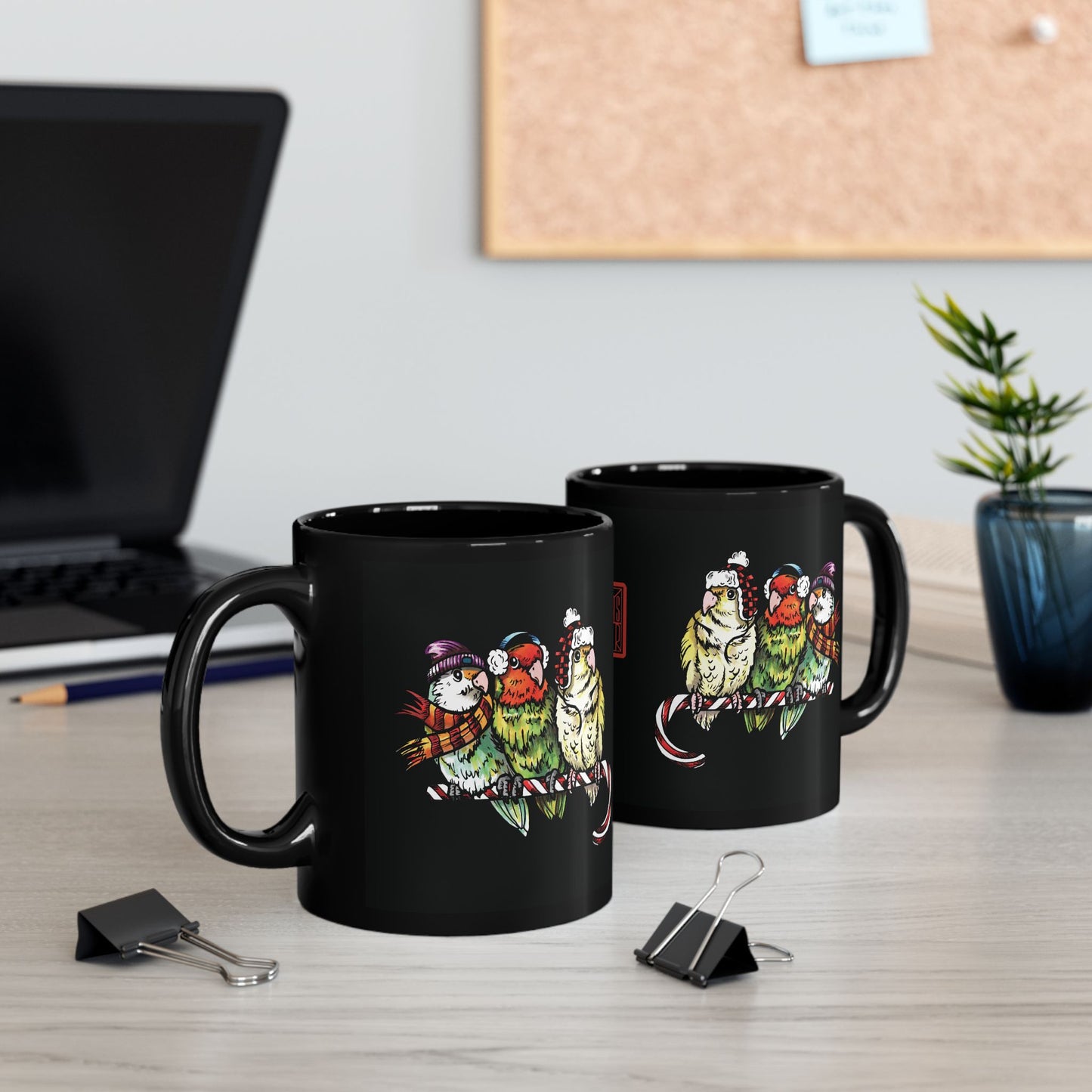 3 Lovebirds With Winter Wear & Perched on a Candy Cane, 11oz or 15oz Mug