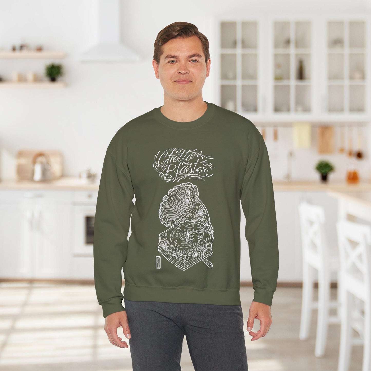 Ghetto Blaster, sudadera con cuello redondo y arte lineal