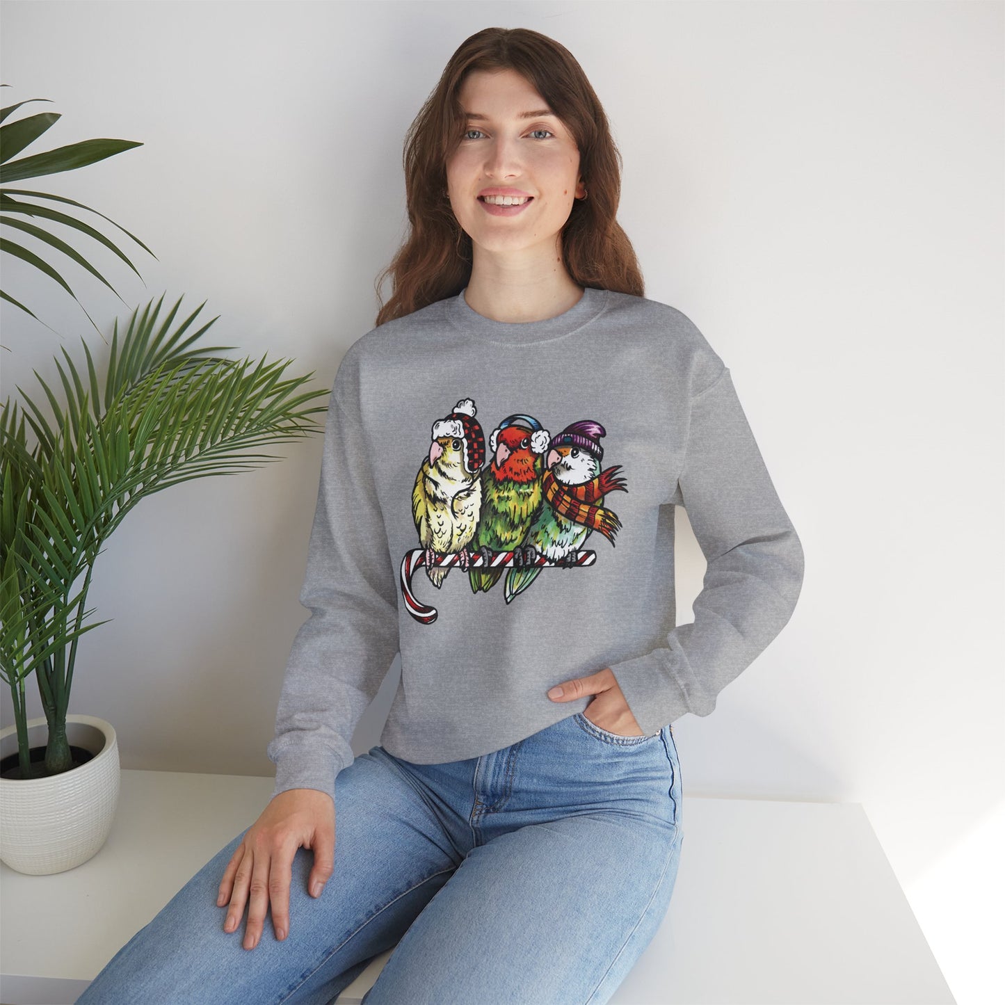3 tourtereaux avec vêtements d’hiver et perchés sur une canne en bonbon, sweat-shirt à col rond