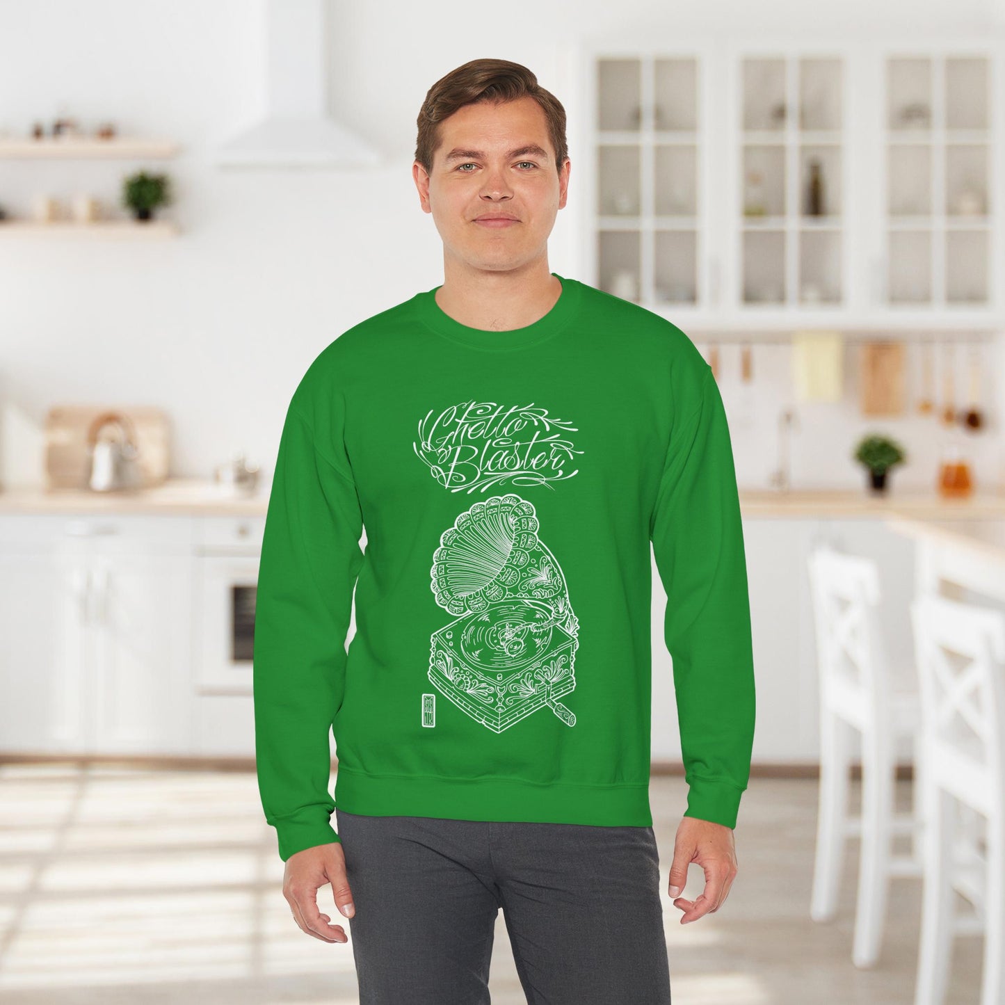 Ghetto Blaster, sudadera con cuello redondo y arte lineal