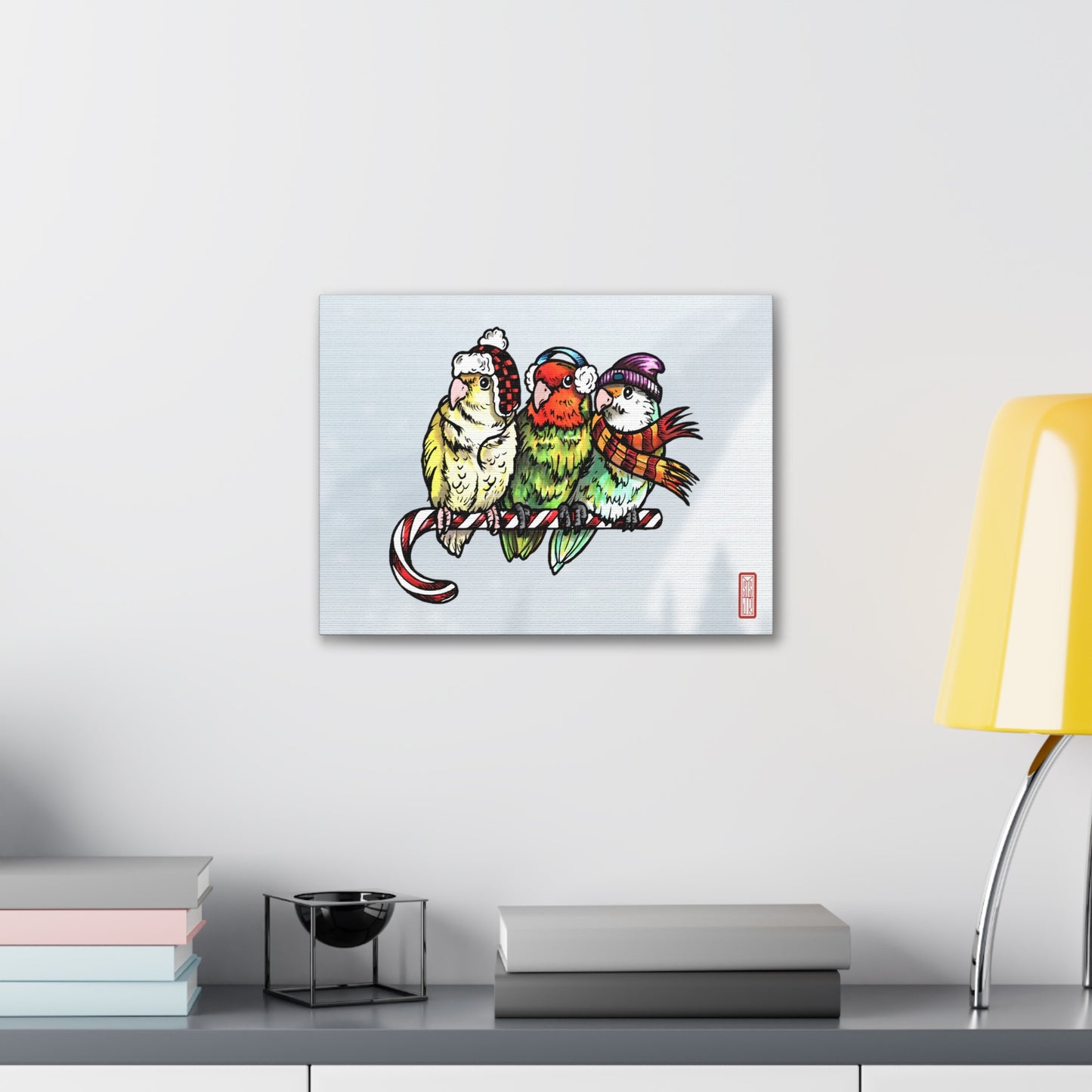 3 Lovebirds with Winter Wear & Perched on a Candy Cane, Canvas Wrap Wall Art