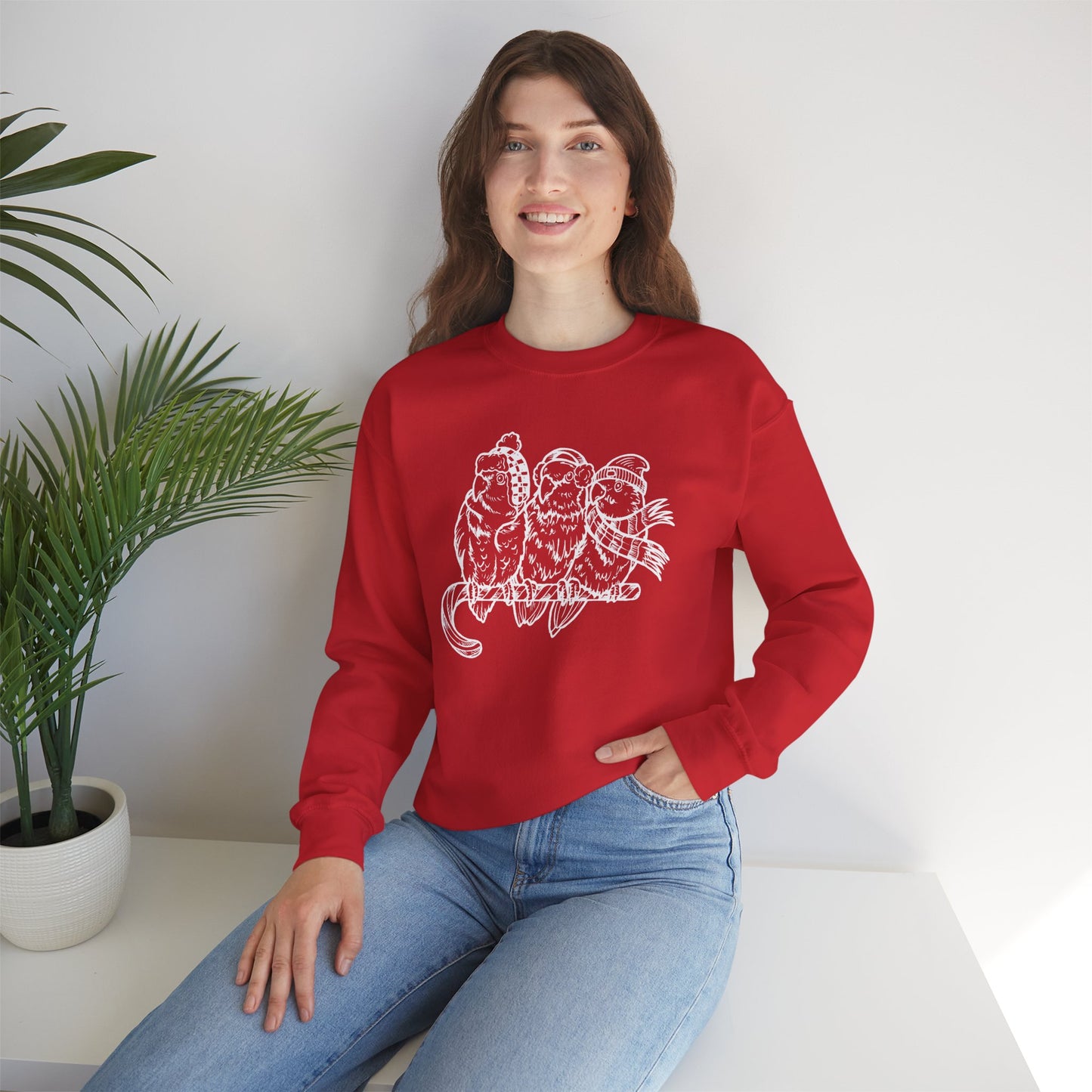 3 Lovebirds with Winter Wear & Perched on a Candy Cane, Line Art Crew Neck Sweatshirt