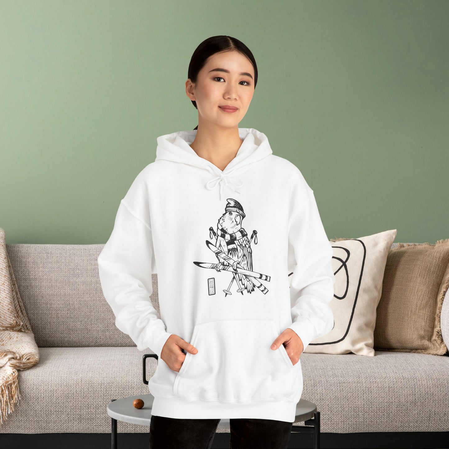 Lovebird Goes Skiing, Line Art Hoodie
