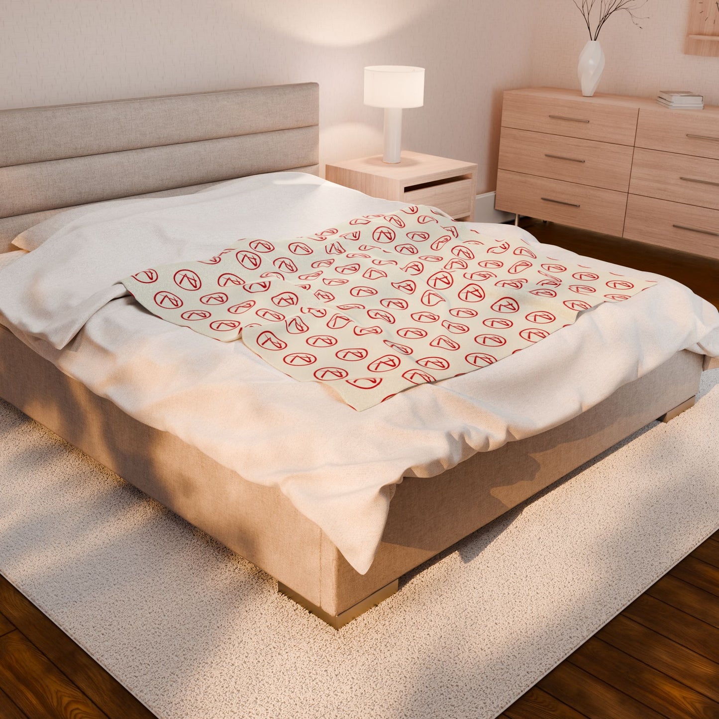 Velveteen Plush Red Rambler Logo Ivory Blanket