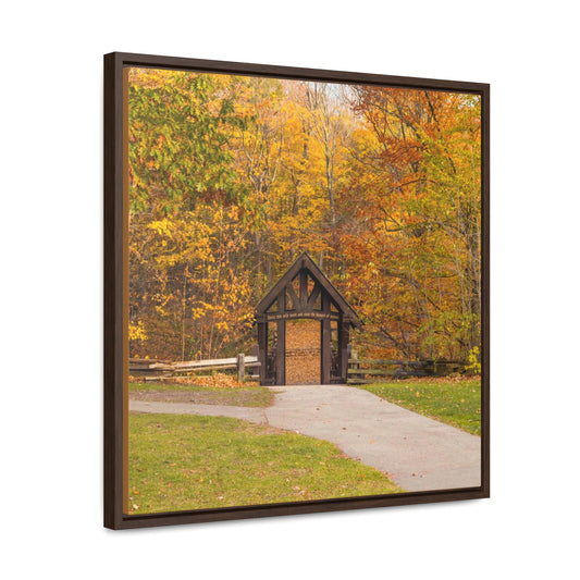Seven Bridges Trail’s Covered Bridge at Grant Park in South Milwaukee Wisconsin, Photography Square Framed Canvas Wrap Wall Art