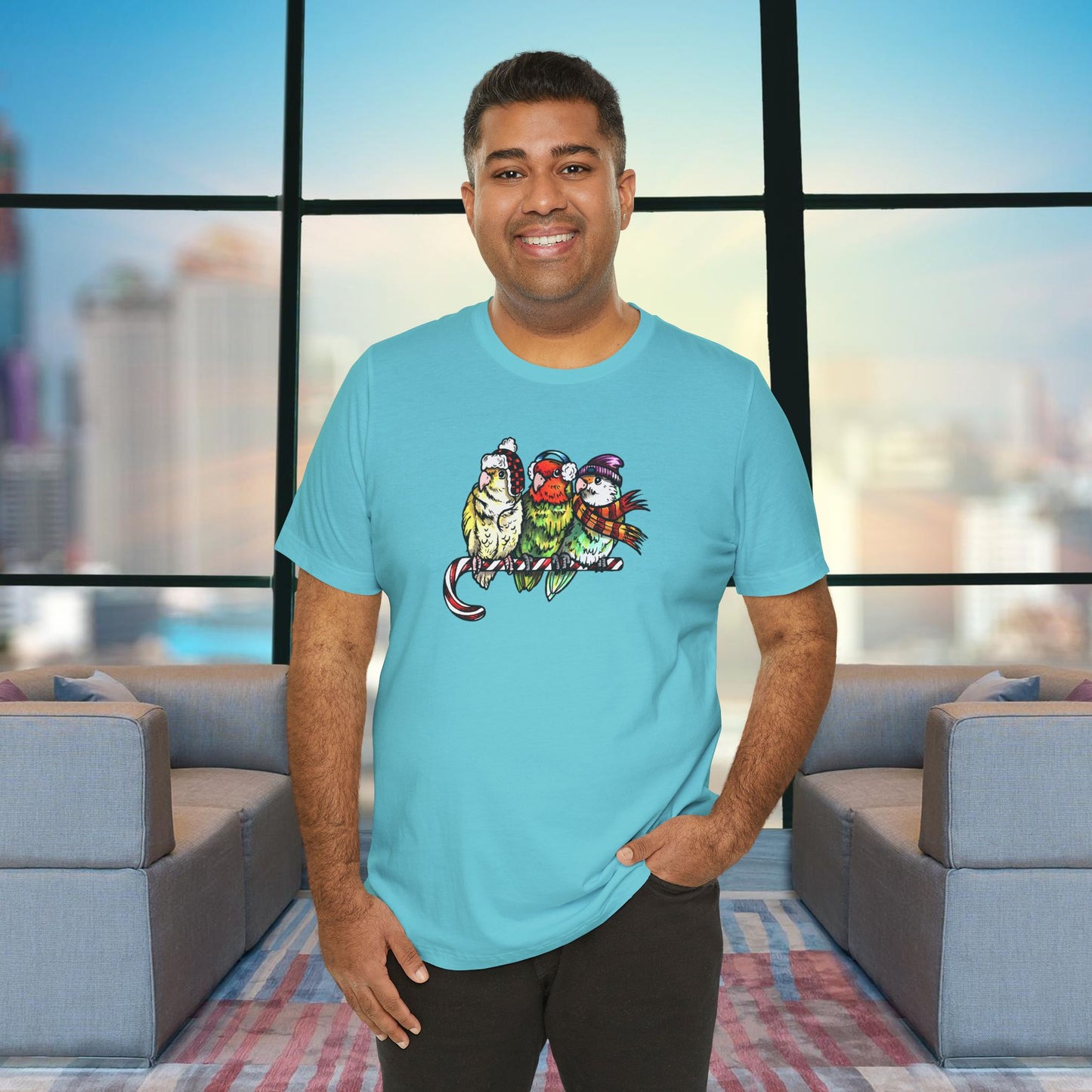 3 Lovebirds in Winter Wear & Perched on a Candy Cane, Tee
