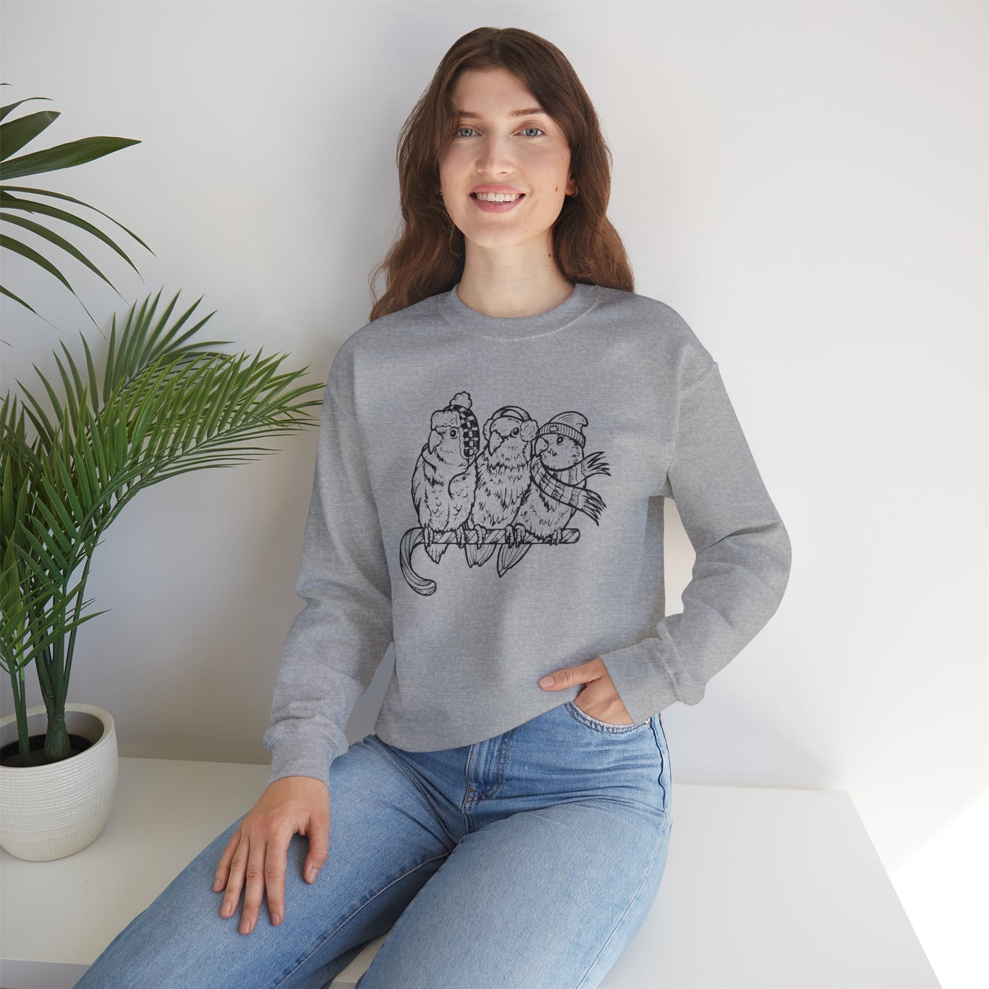 3 Lovebirds with Winter Wear & Perched on a Candy Cane, Line Art Crew Neck Sweatshirt
