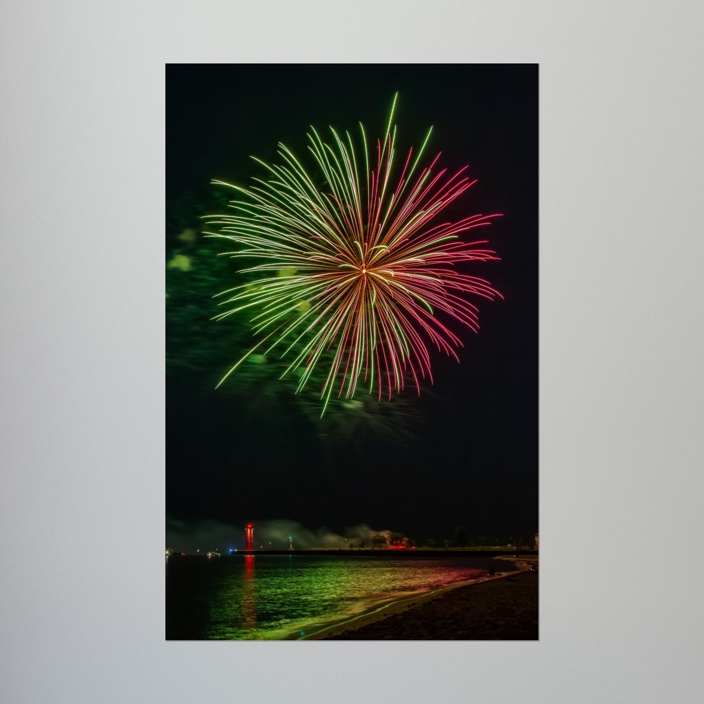 Green & Pink 4th of July Fireworks over Kenosha Pier Light Rolled Poster