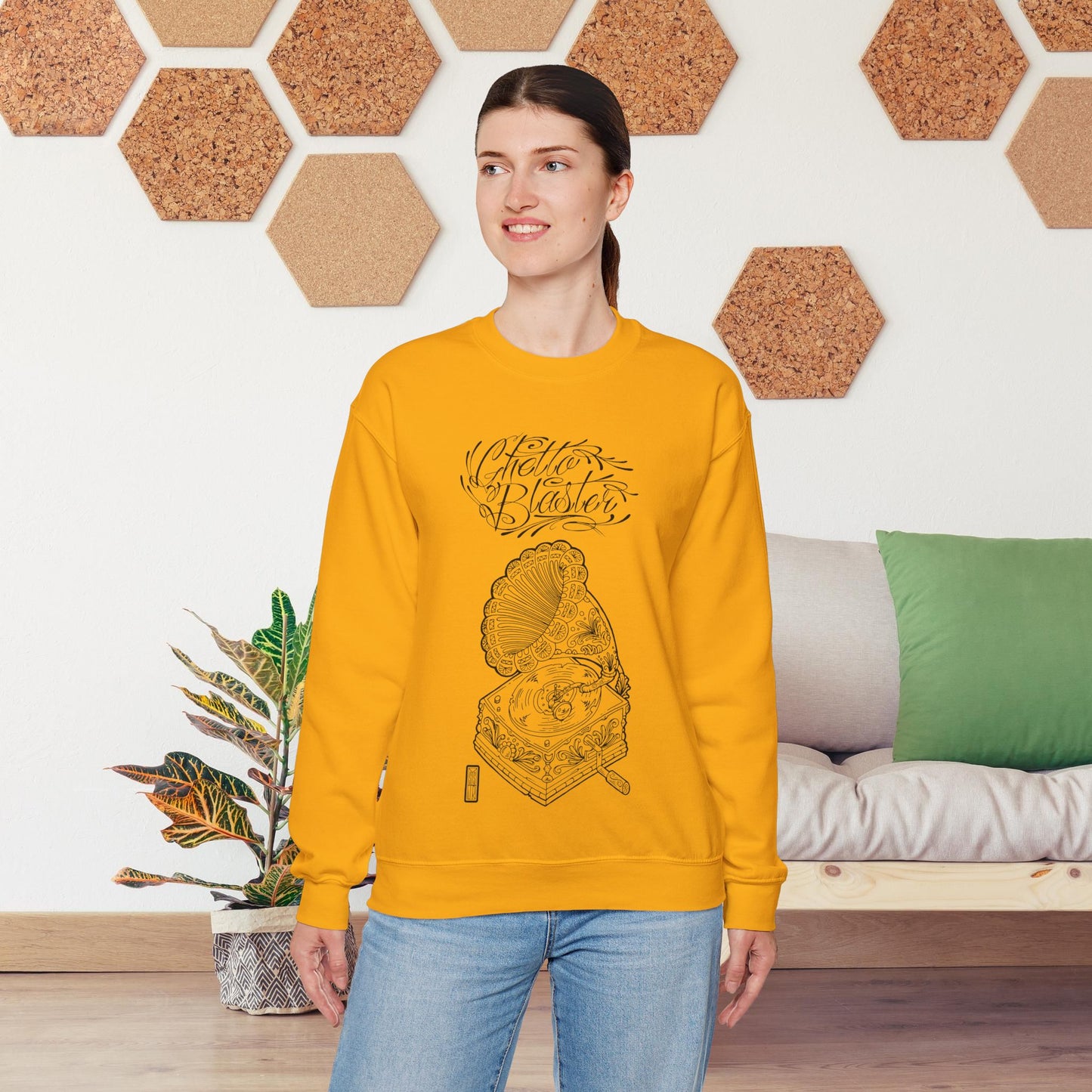 Ghetto Blaster, sudadera con cuello redondo y arte lineal