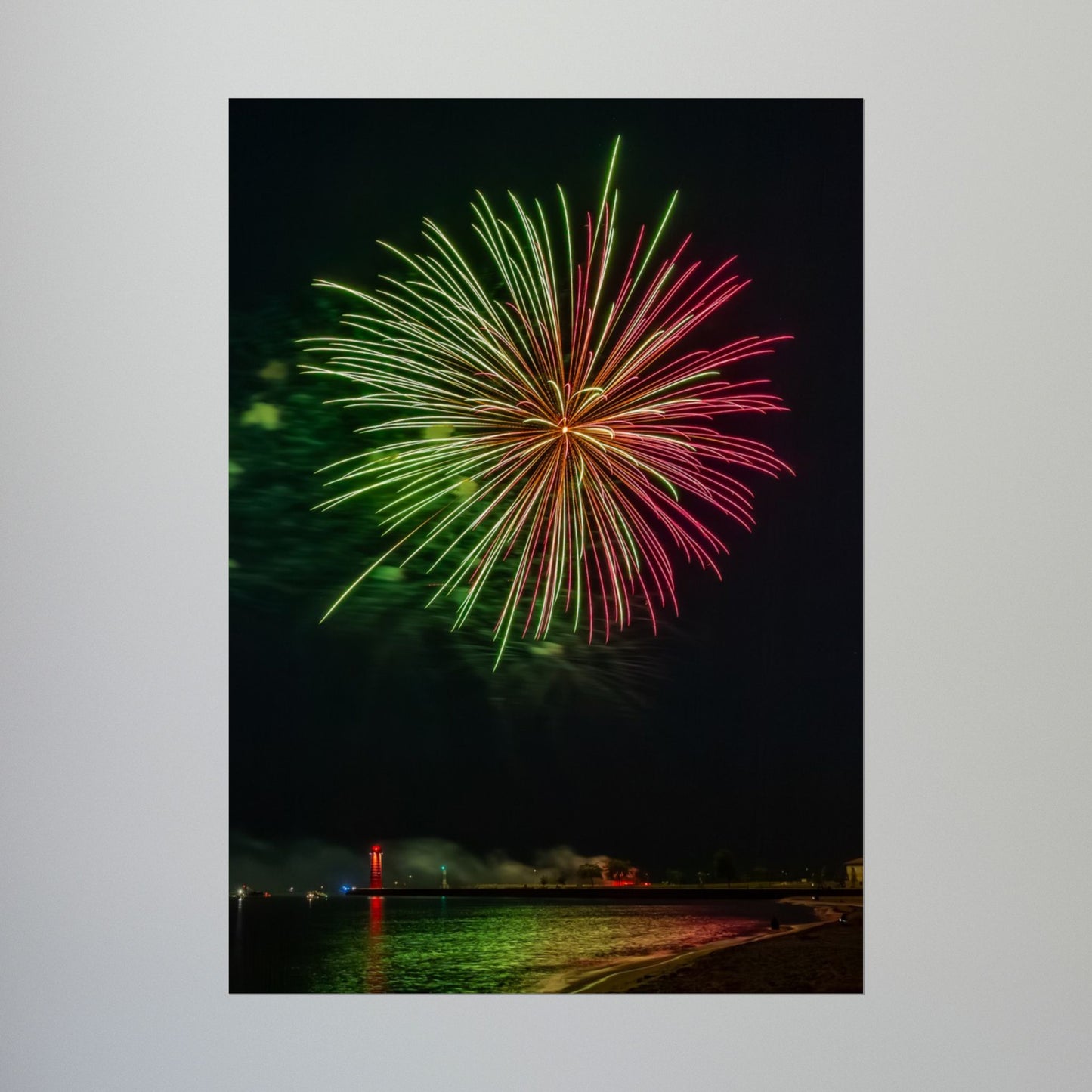 Green & Pink 4th of July Fireworks over Kenosha Pier Light Rolled Poster