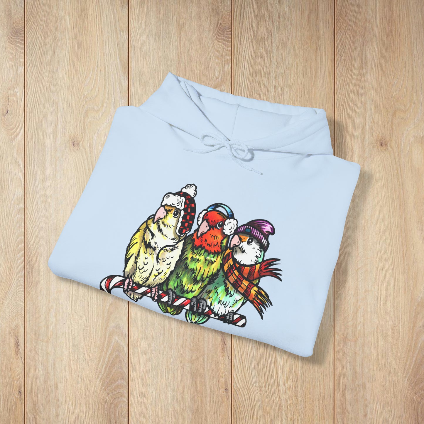 3 Lovebirds with Winter Wear & Perched on a Candy Cane, Hooded Sweatshirt