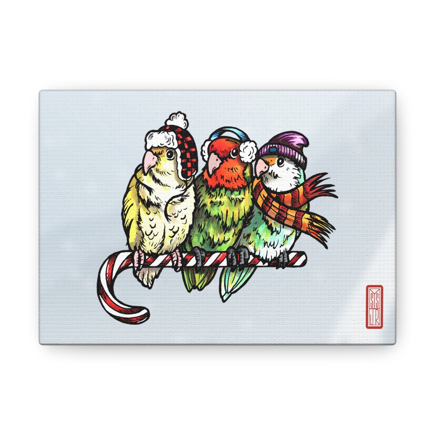 3 Lovebirds with Winter Wear & Perched on a Candy Cane, Canvas Wrap Wall Art