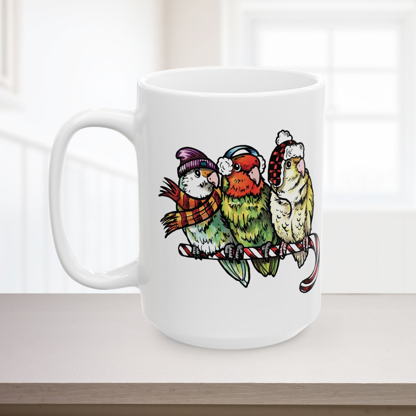 3 Lovebirds With Winter Wear & Perched on a Candy Cane, 11oz or 15oz Mug