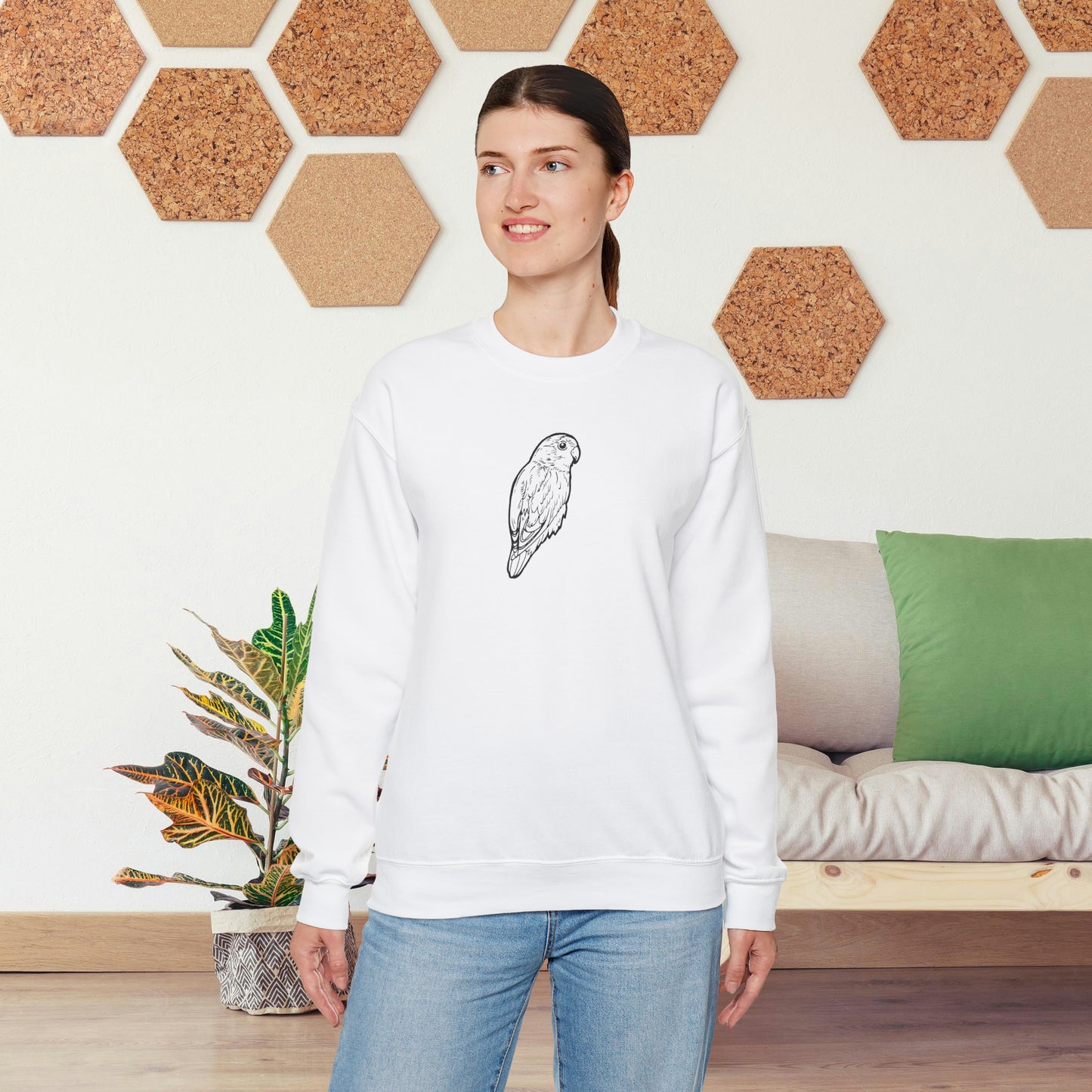 Cuddly Lovebird, sudadera con cuello redondo y arte lineal