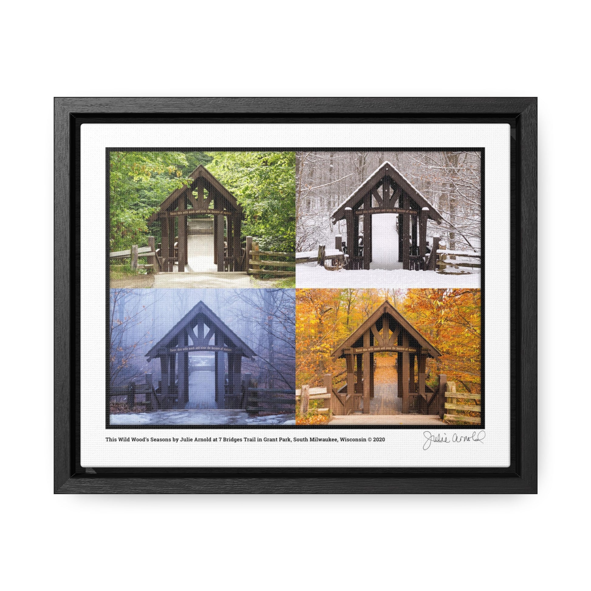 10″ x 8″ Black Premium Gallery Wraps (1.25″) 7 Bridges Trail’s Covered Bridge at Grant Park in South Milwaukee Wisconsin, All 4 Seasons Photo Collage, Framed Canvas Wrap Wall Art