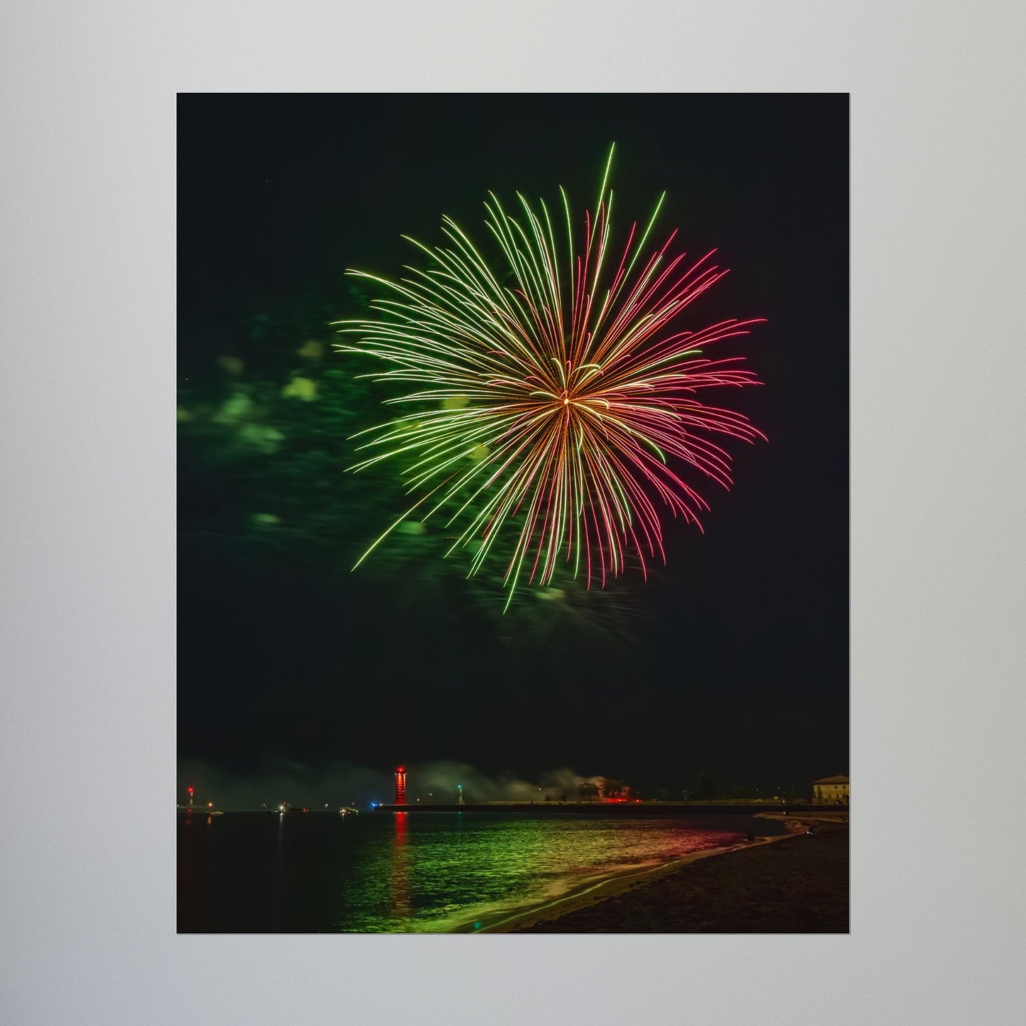Green & Pink 4th of July Fireworks over Kenosha Pier Light Rolled Poster