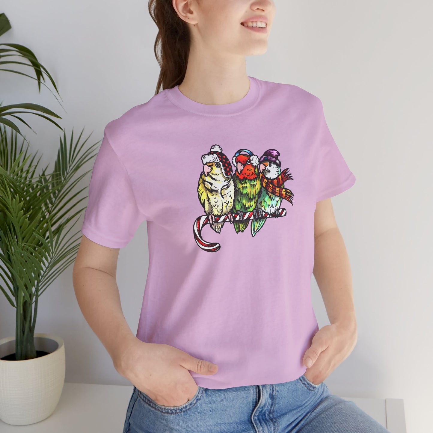 3 Lovebirds in Winter Wear & Perched on a Candy Cane, Tee