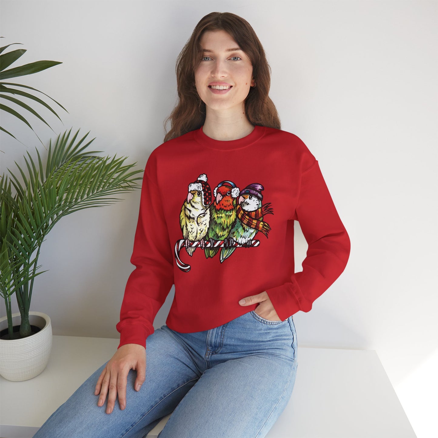 3 tourtereaux avec vêtements d’hiver et perchés sur une canne en bonbon, sweat-shirt à col rond