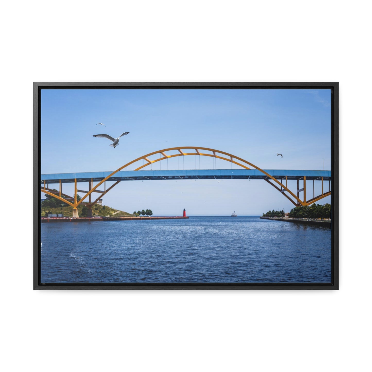 Milwaukee, Wisconsin's Hoan Bridge et mouettes, photographie encadrée sur toile