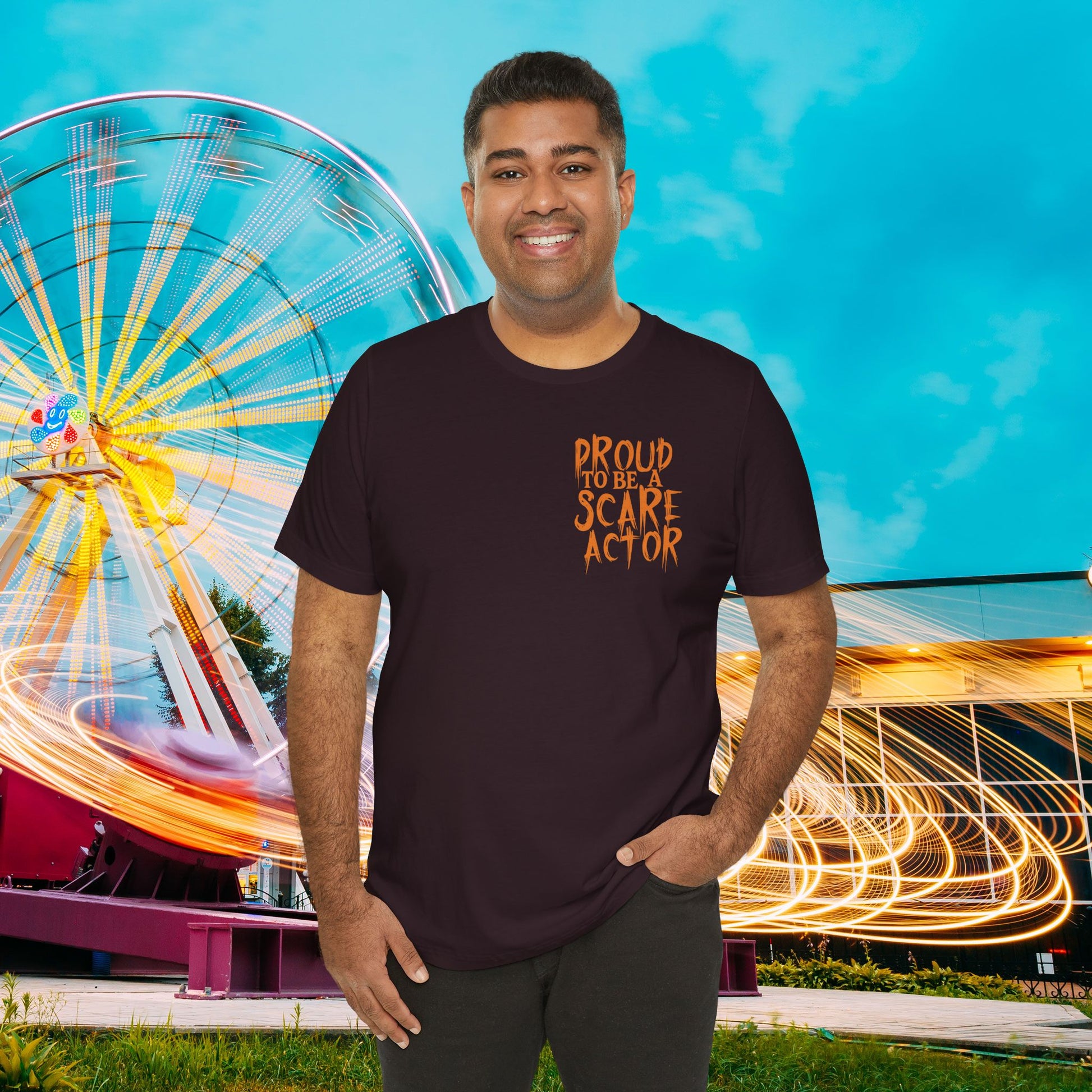 I Just Wanna Scare People & Ride Roller Coasters Tee / Proud Scare Actor (BACK graphic) • Irvine Ondrey Engineering