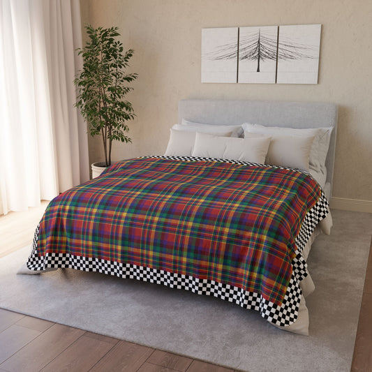 Red, Yellow, Green, Blue & Purple Ohio Plaid with Checkered Edge Fleece Sherpa Blanket