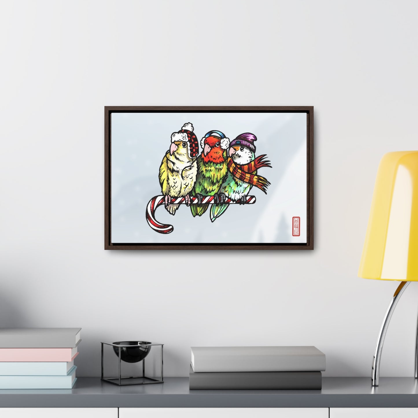3 Lovebirds with Winter Wear & Perched on a Candy Cane, Framed Canvas Wrap Wall Art