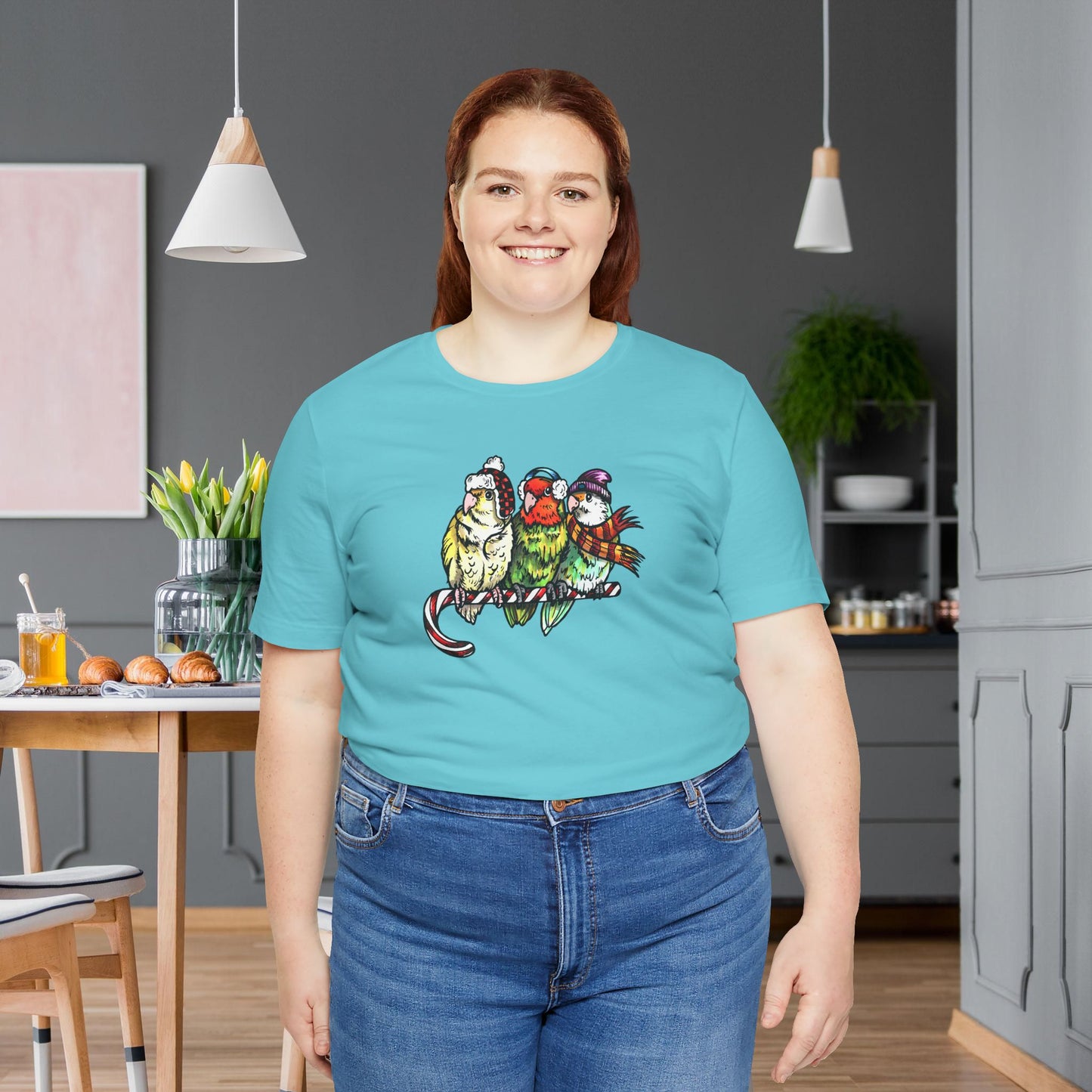 3 Lovebirds in Winter Wear & Perched on a Candy Cane, Tee