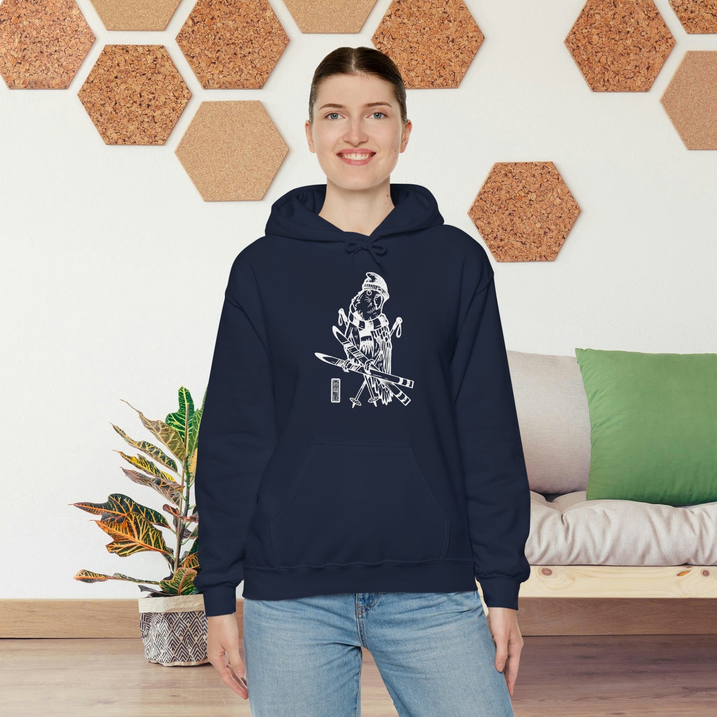 Lovebird Goes Skiing, Line Art Hoodie