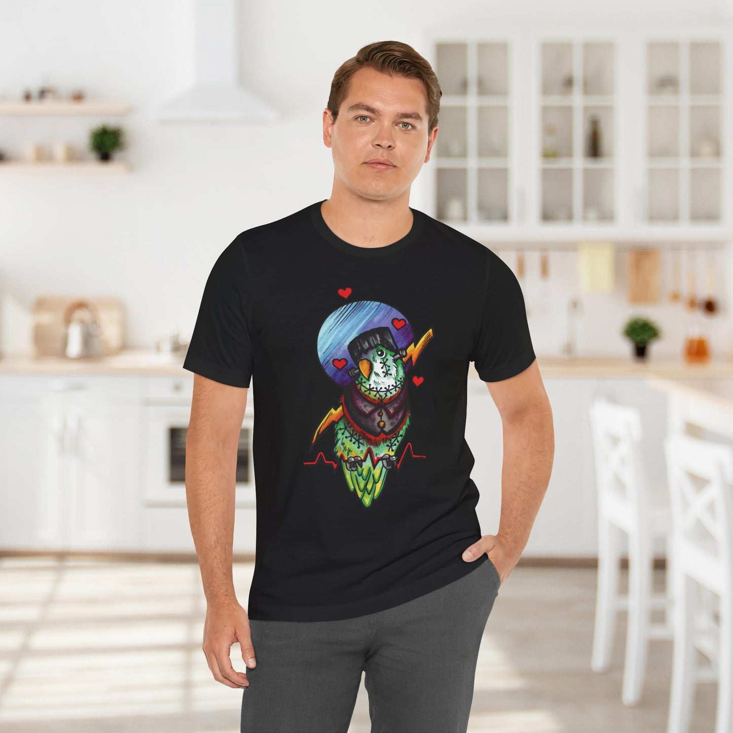 Frankenstein Lovebird, Hand-Drawn & Hand-Colored Tee