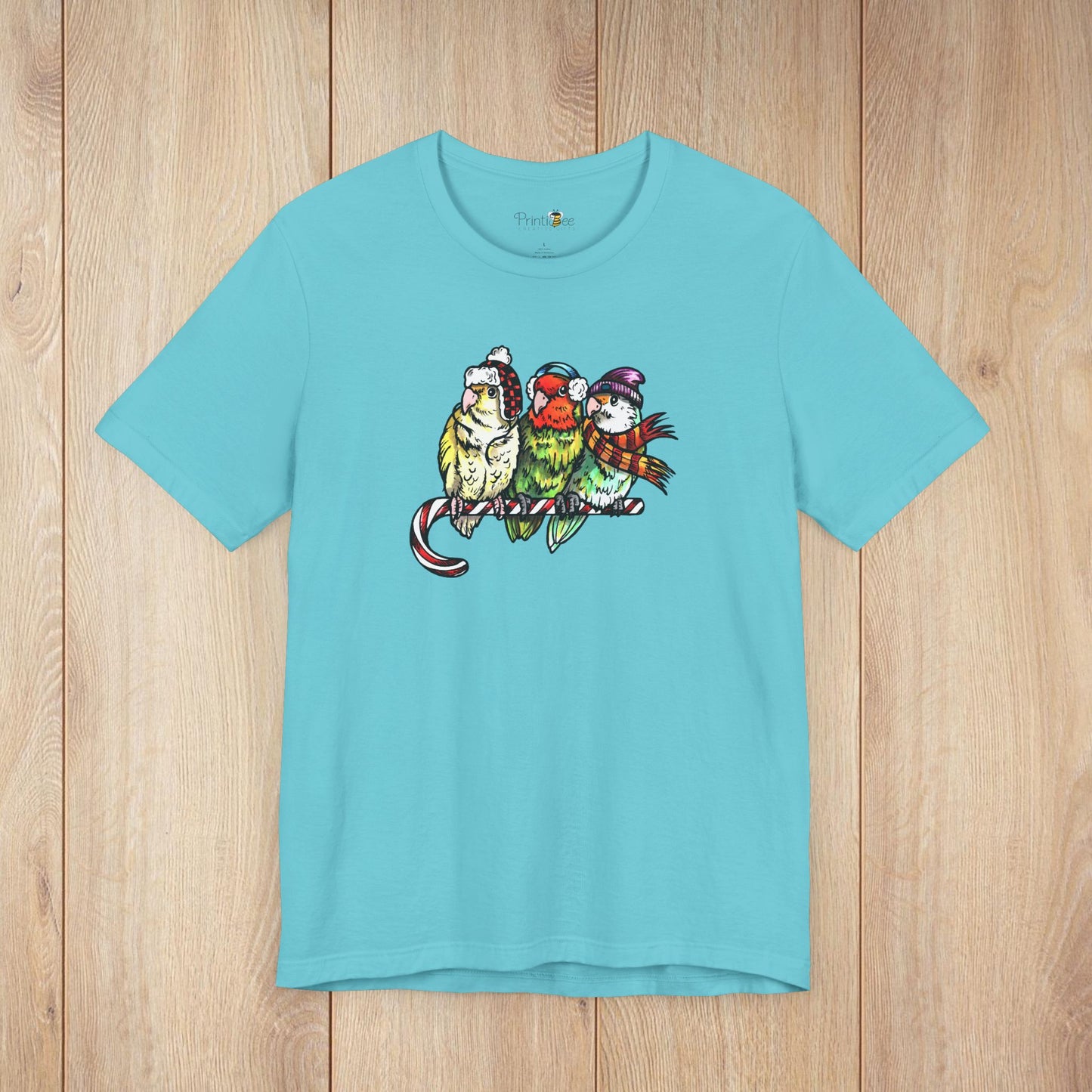 3 Lovebirds in Winter Wear & Perched on a Candy Cane, Tee
