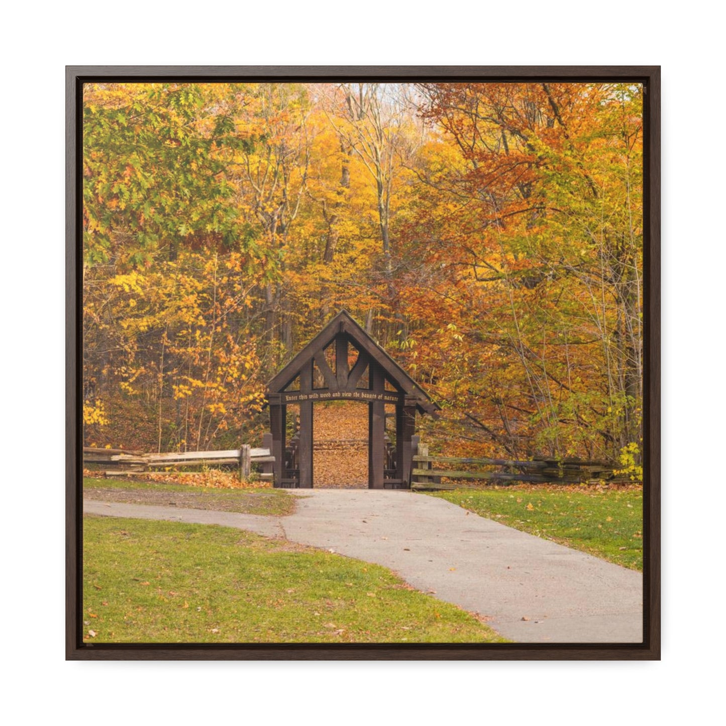 Seven Bridges Trail’s Covered Bridge at Grant Park in South Milwaukee Wisconsin, Photography Square Framed Canvas Wrap Wall Art