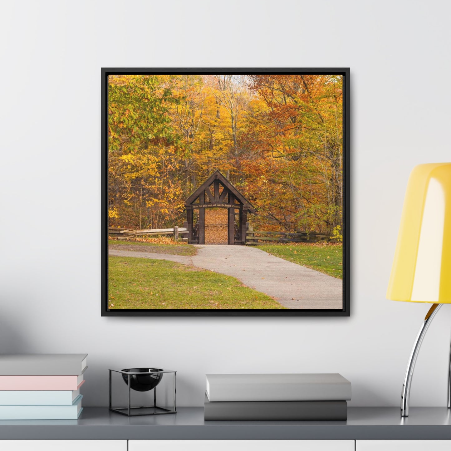 Seven Bridges Trail’s Covered Bridge at Grant Park in South Milwaukee Wisconsin, Photography Square Framed Canvas Wrap Wall Art