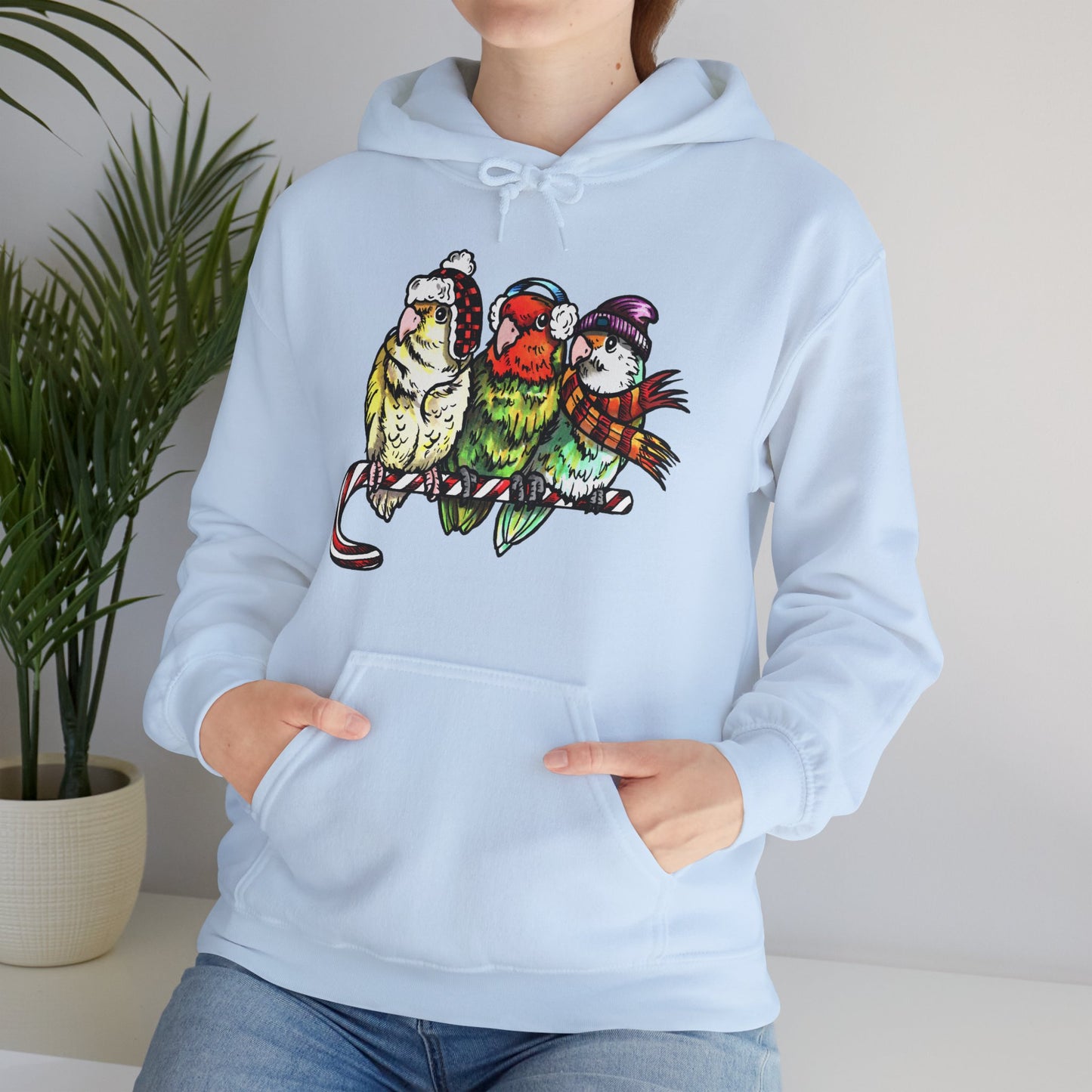 3 Lovebirds with Winter Wear & Perched on a Candy Cane Hoodie