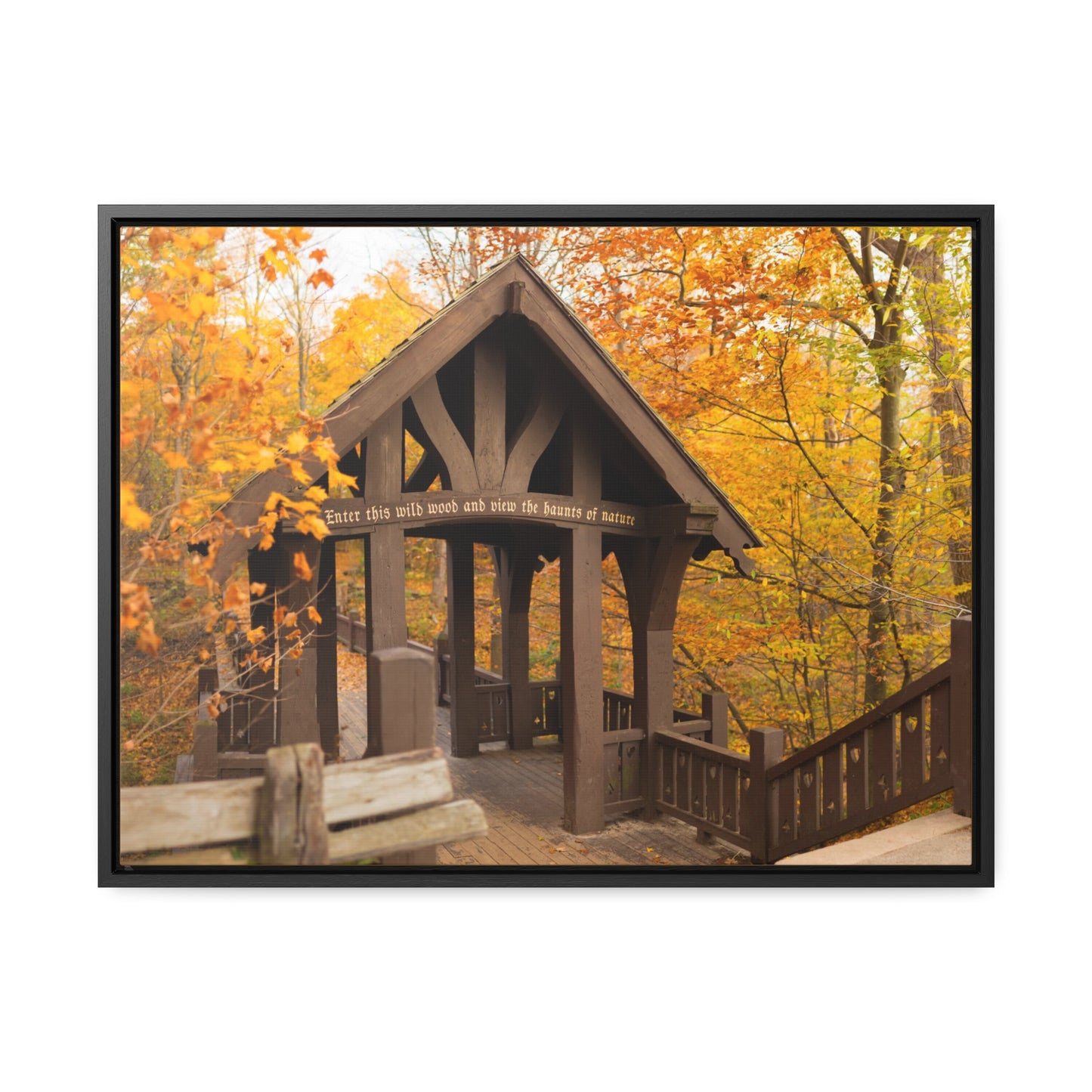 7 Bridges Trail’s Covered Bridge at Grant Park in South Milwaukee Wisconsin, Photography Framed Canvas Wrap Wall Art