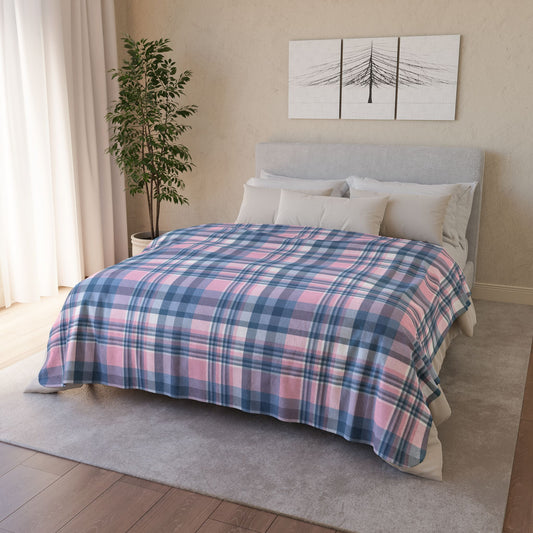 Baby Pink & Blue Plaid Fleece Sherpa Blanket
