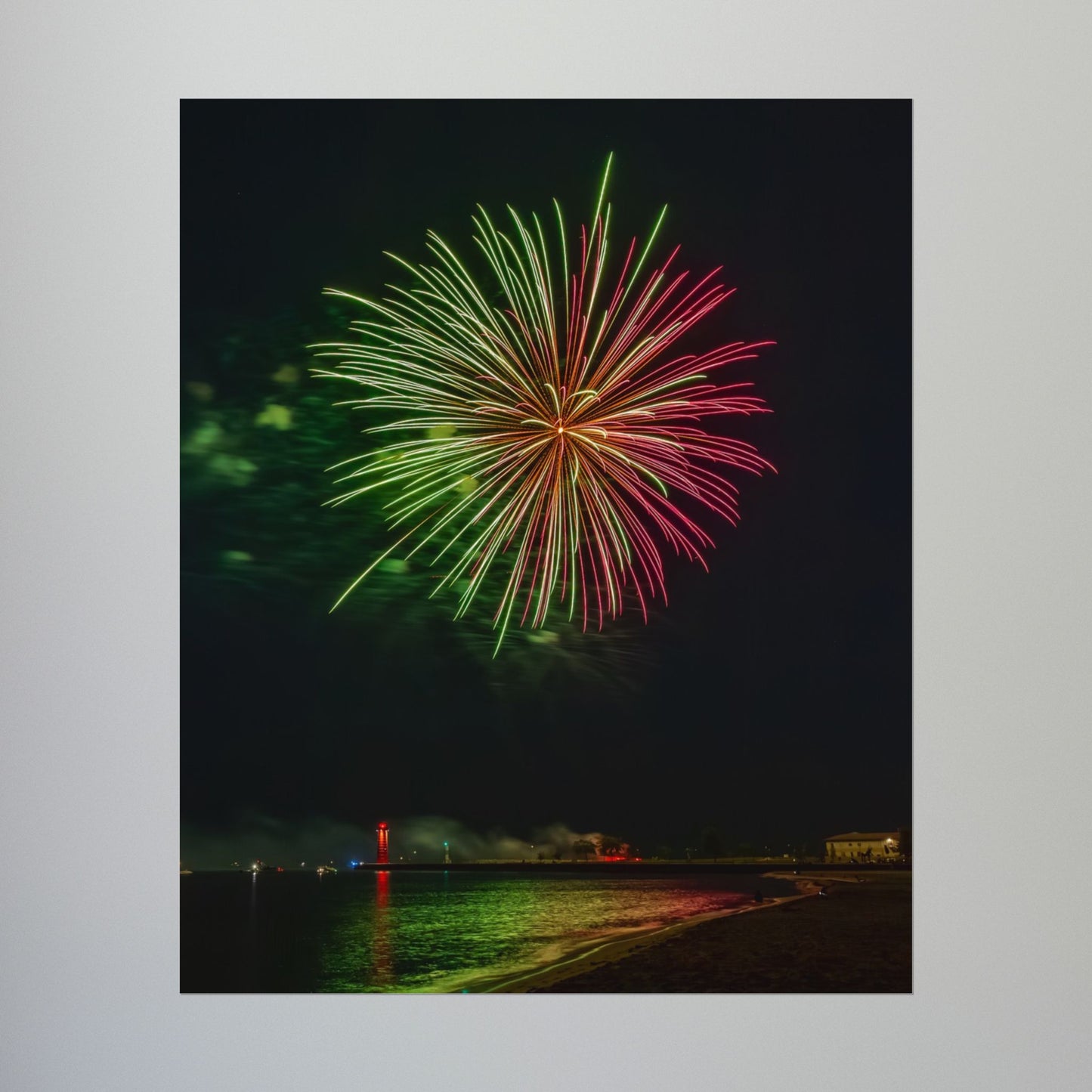 Green & Pink 4th of July Fireworks over Kenosha Pier Light Rolled Poster