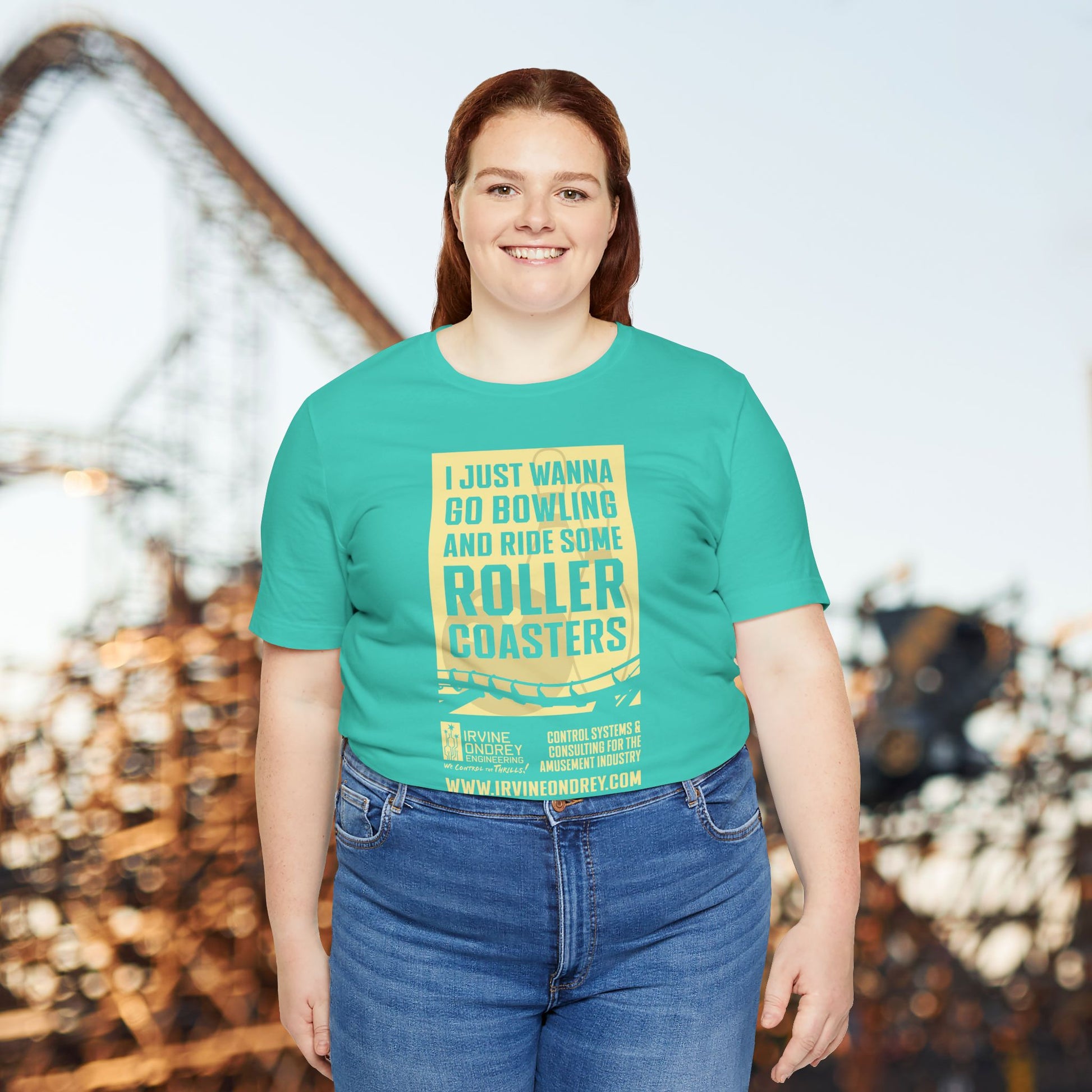 I Just Wanna Go Bowling & Ride Roller Coasters Tee (FRONT graphic) • Irvine Ondrey Engineering