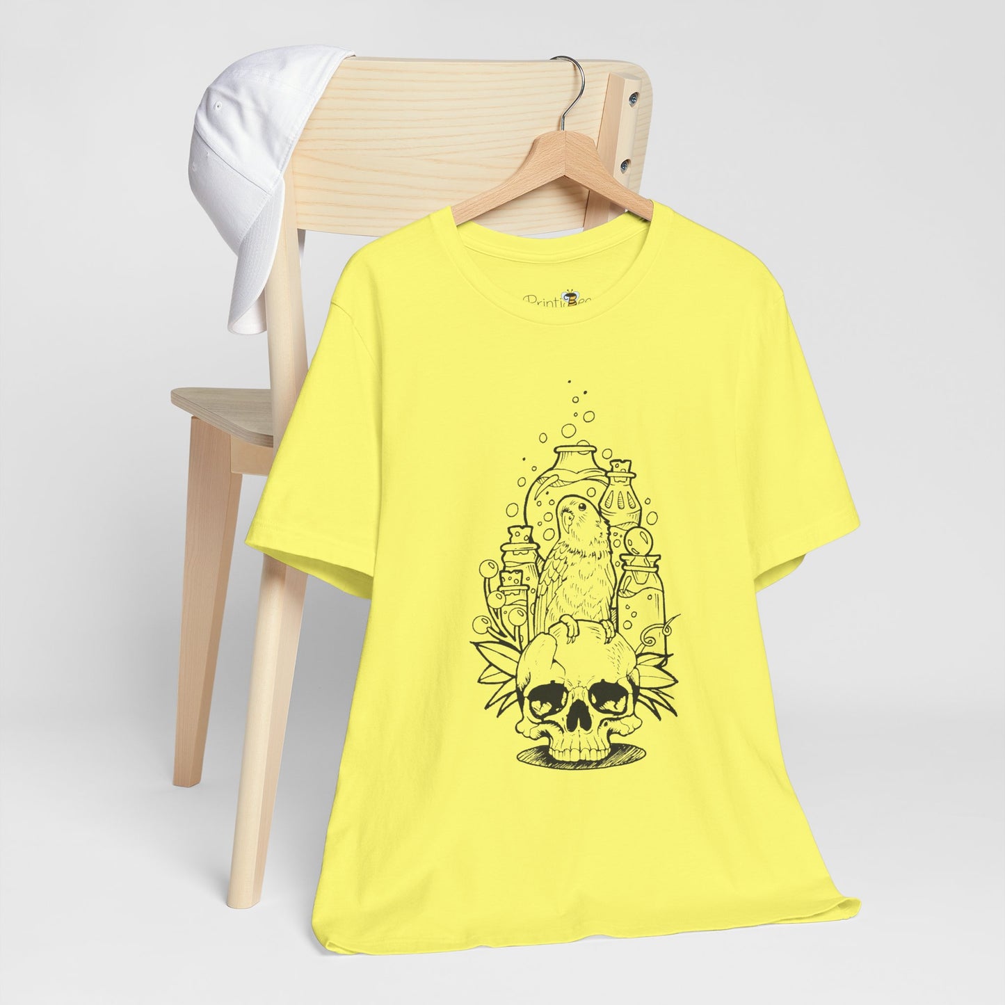 Crazy Scientist Lovebird Sitting on a Skull, Line Art Tee