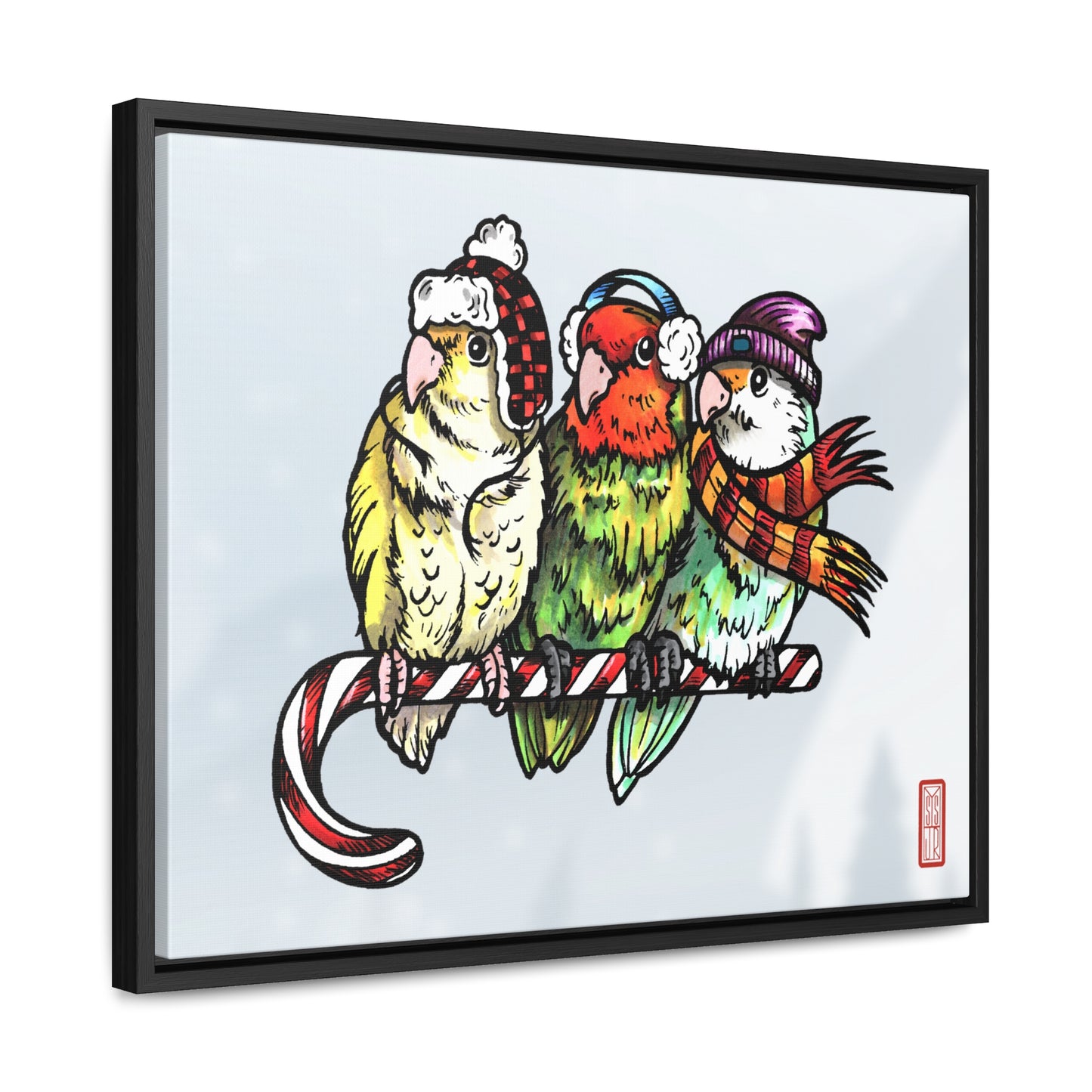 3 Lovebirds with Winter Wear & Perched on a Candy Cane, Framed Canvas Wrap Wall Art