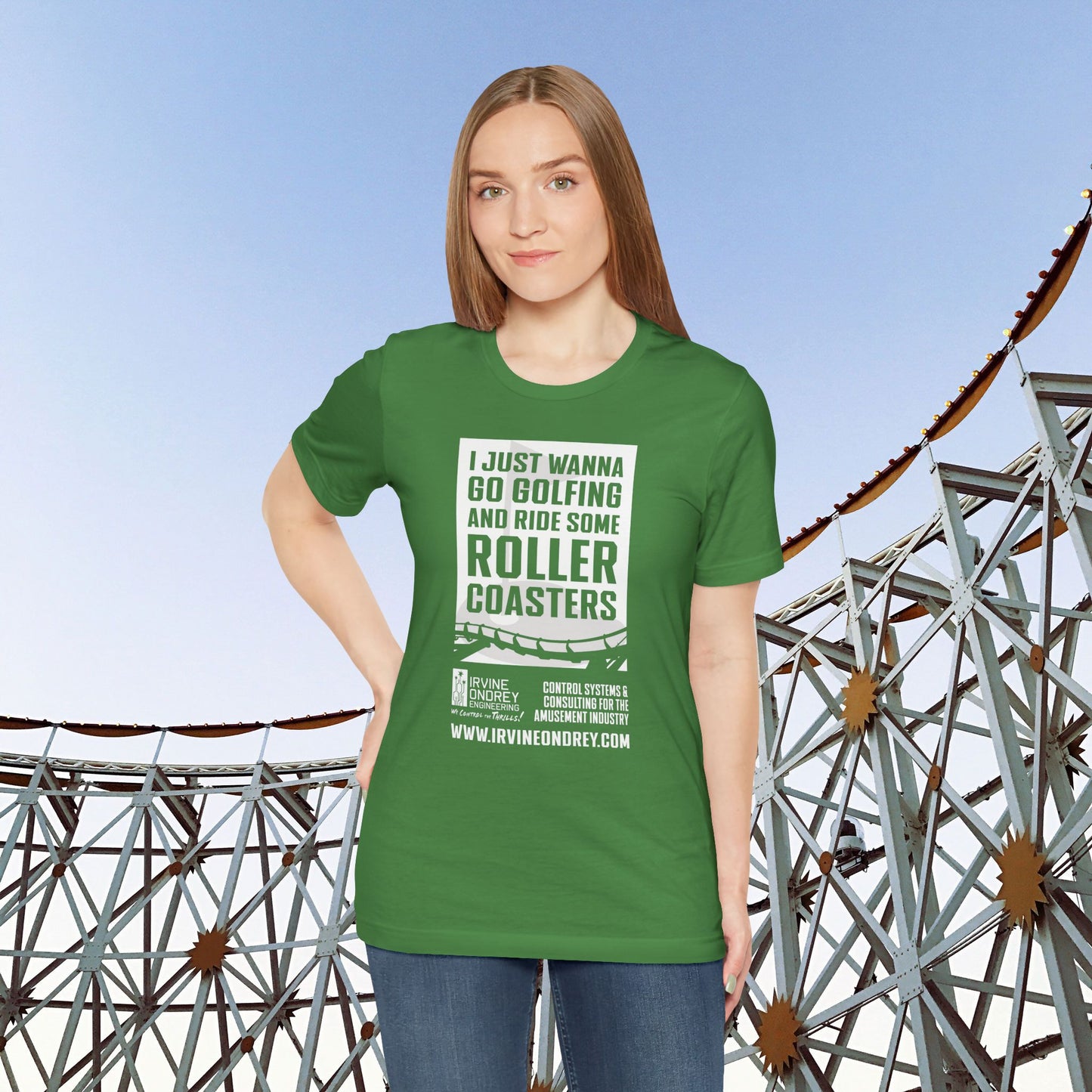 I Just Wanna Go Golfing & Ride Roller Coasters Tee (FRONT graphic) • Irvine Ondrey Engineering