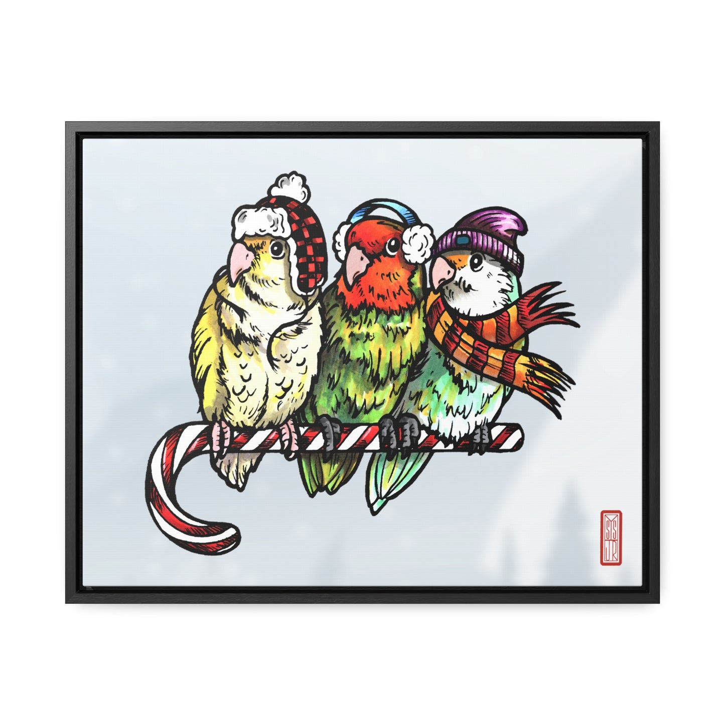 3 Lovebirds with Winter Wear & Perched on a Candy Cane, Framed Canvas Wrap Wall Art