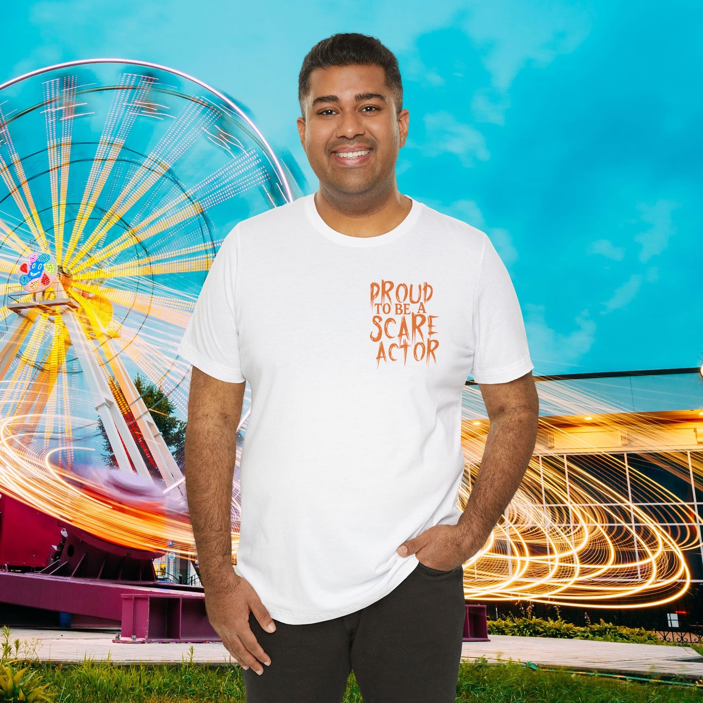 White I Just Wanna Scare People & Ride Roller Coasters Tee / Proud Scare Actor (BACK graphic) • Irvine Ondrey Engineering