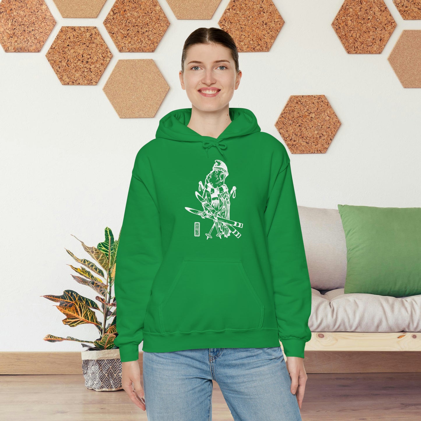 Lovebird Goes Skiing, Line Art Hoodie