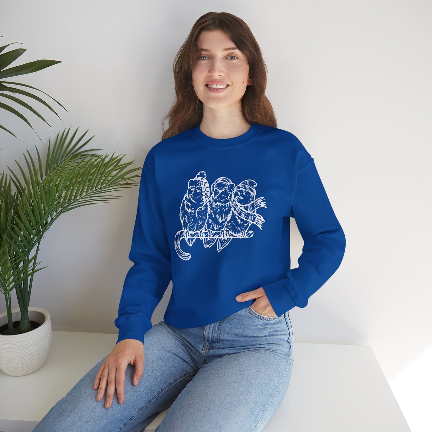 3 Lovebirds with Winter Wear & Perched on a Candy Cane, Line Art Crew Neck Sweatshirt